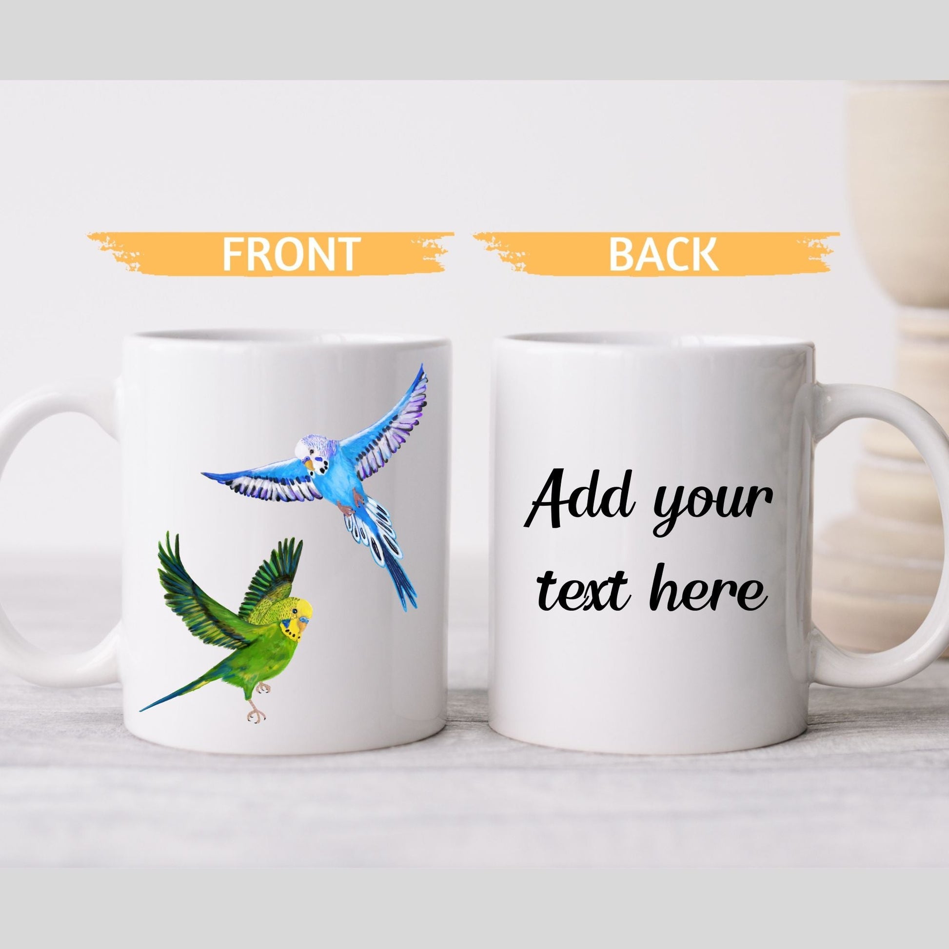 Blue and Green Budgies in Flight Ceramic Coffee Mug - MerikaArt