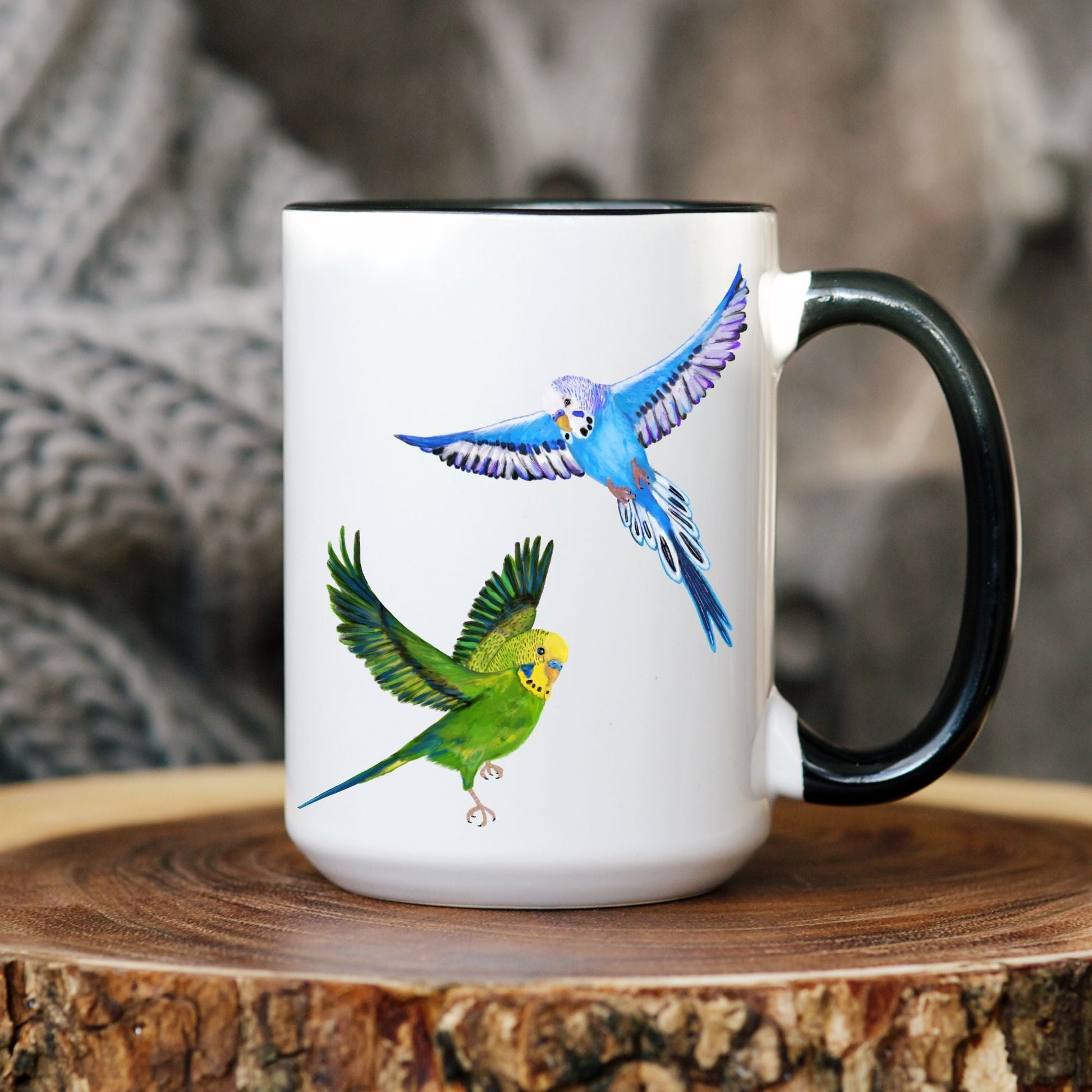 Blue and Green Budgies in Flight Ceramic Coffee Mug - MerikaArt
