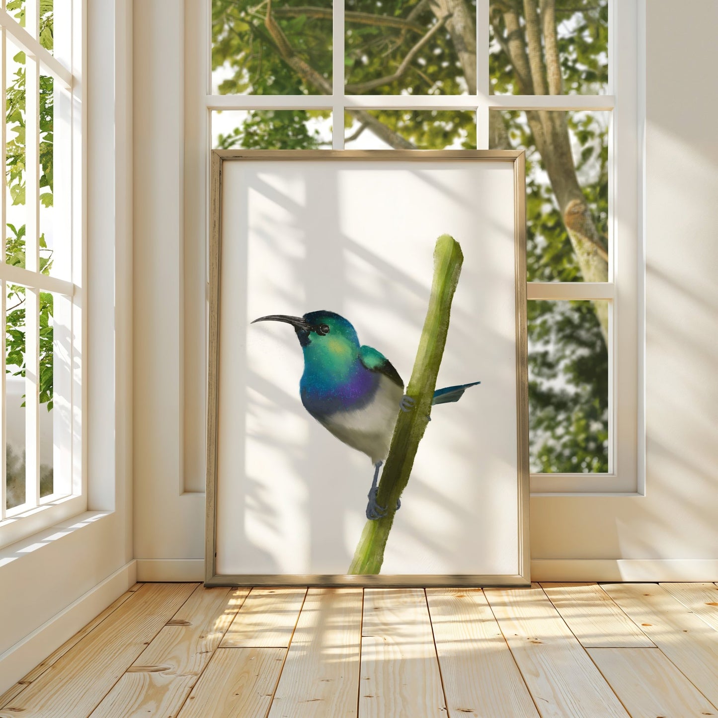 Blue and Green Sunbird Art Print – Vibrant Nature - Inspired Bird Decor - MerikaArt