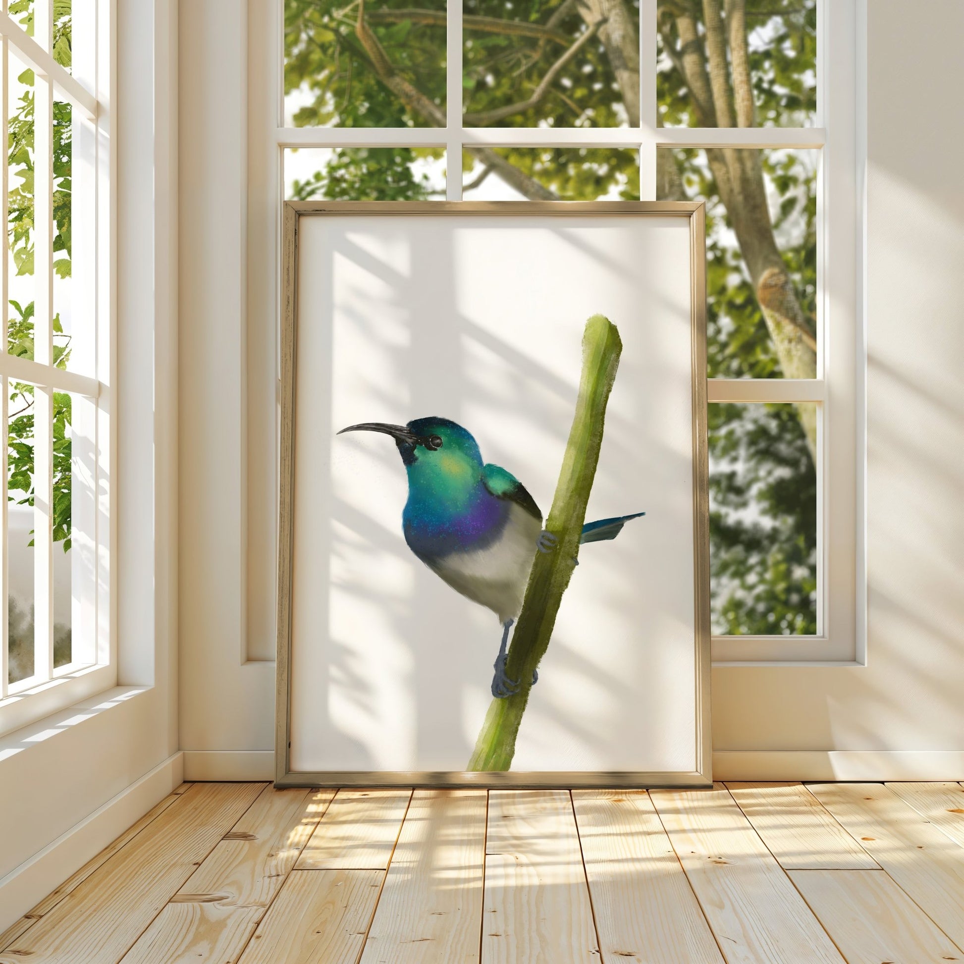 Blue and Green Sunbird Art Print – Vibrant Nature - Inspired Bird Decor - MerikaArt