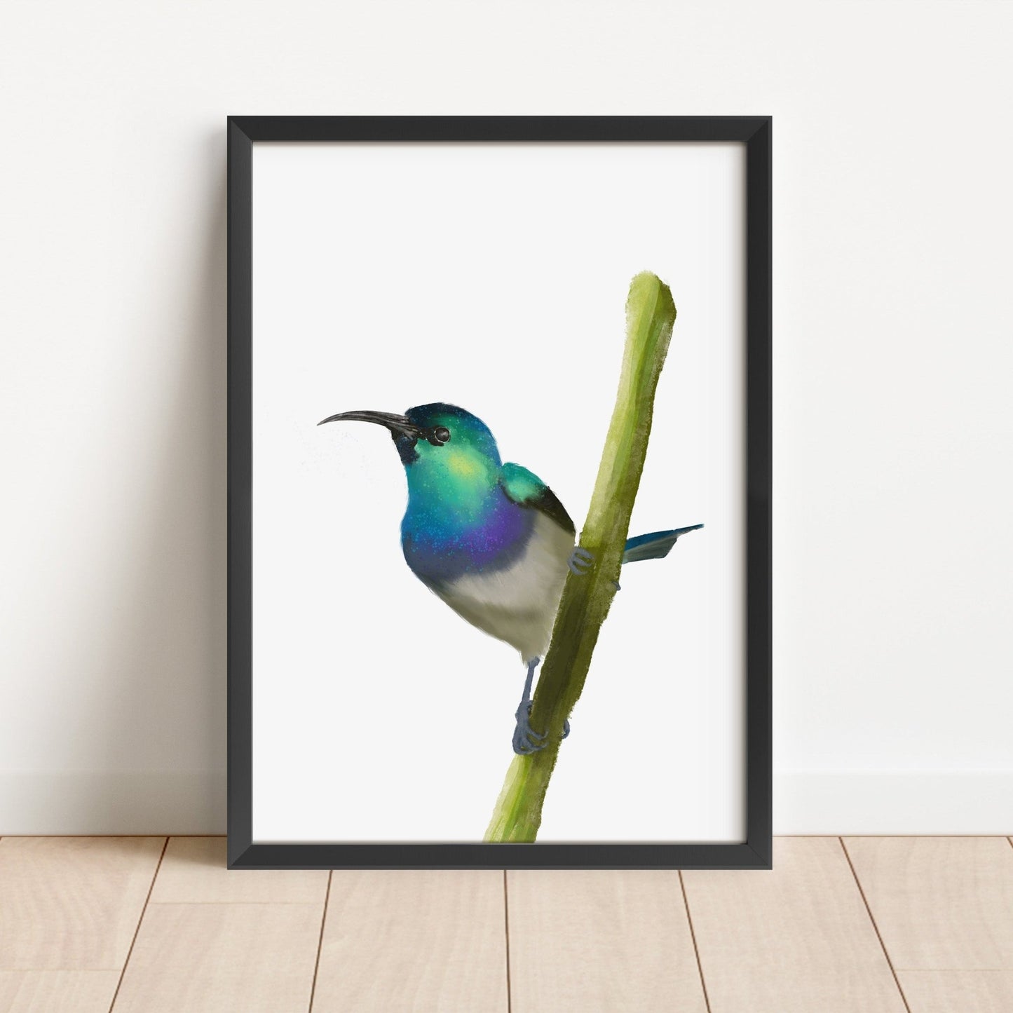 Blue and Green Sunbird Art Print – Vibrant Nature - Inspired Bird Decor - MerikaArt