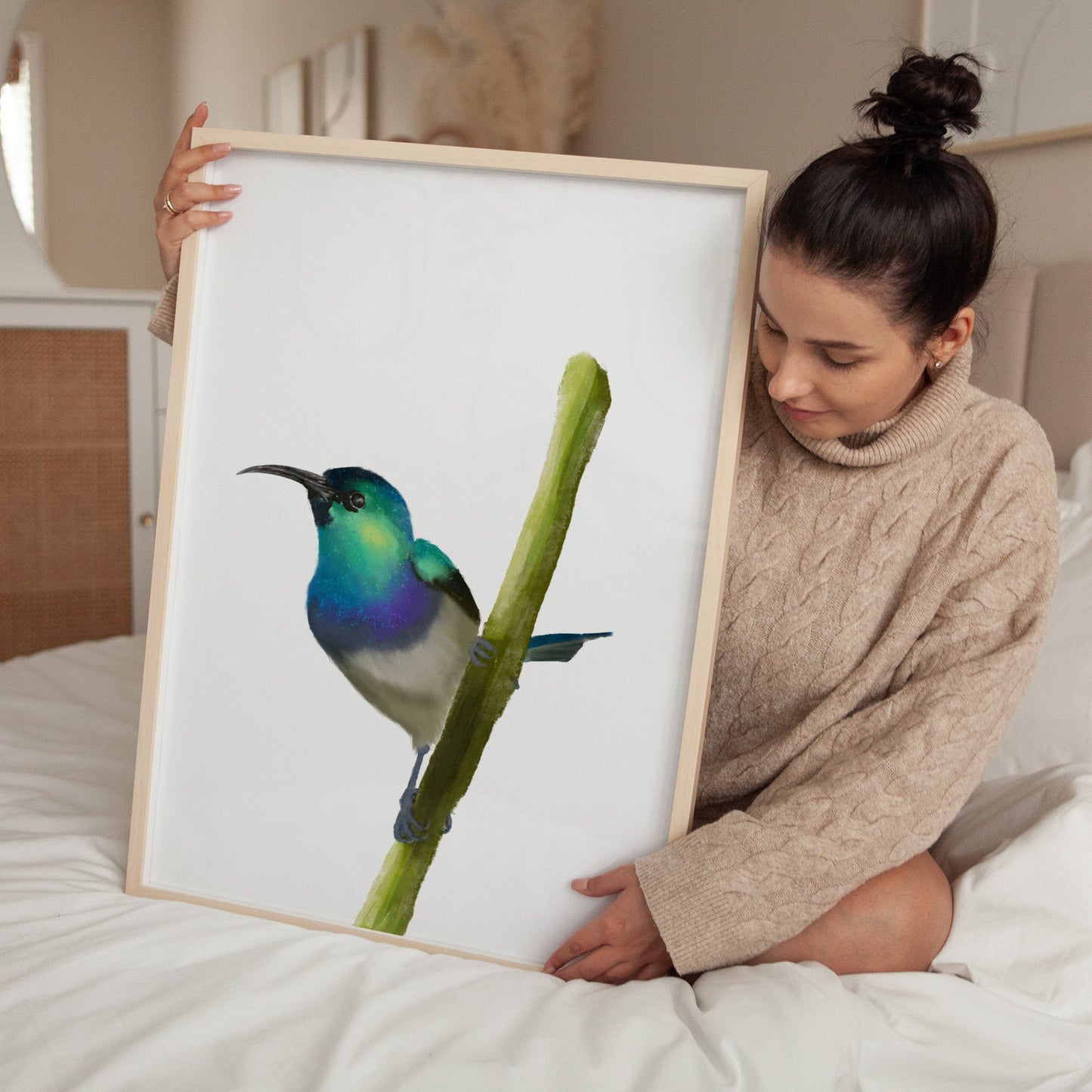 Blue and Green Sunbird Art Print – Vibrant Nature - Inspired Bird Decor - MerikaArt