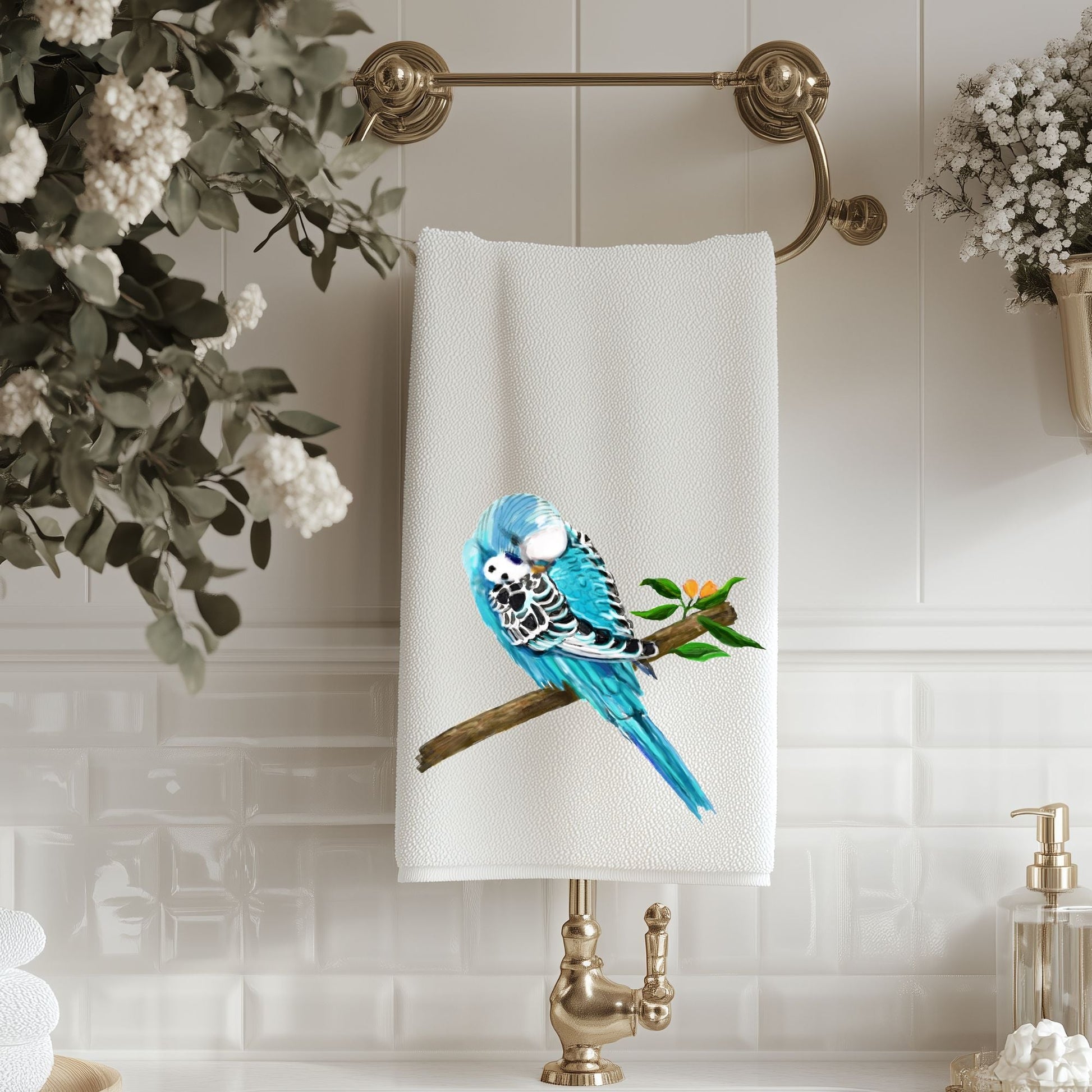 Blue Budgie Bathroom Towel - MerikaArt