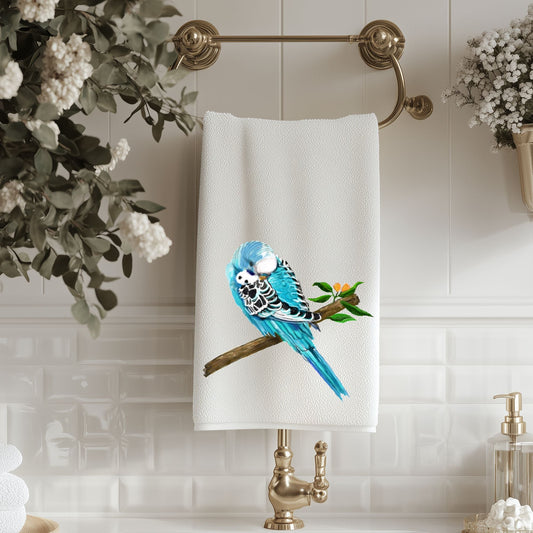 Blue Budgie Bathroom Towel - MerikaArt