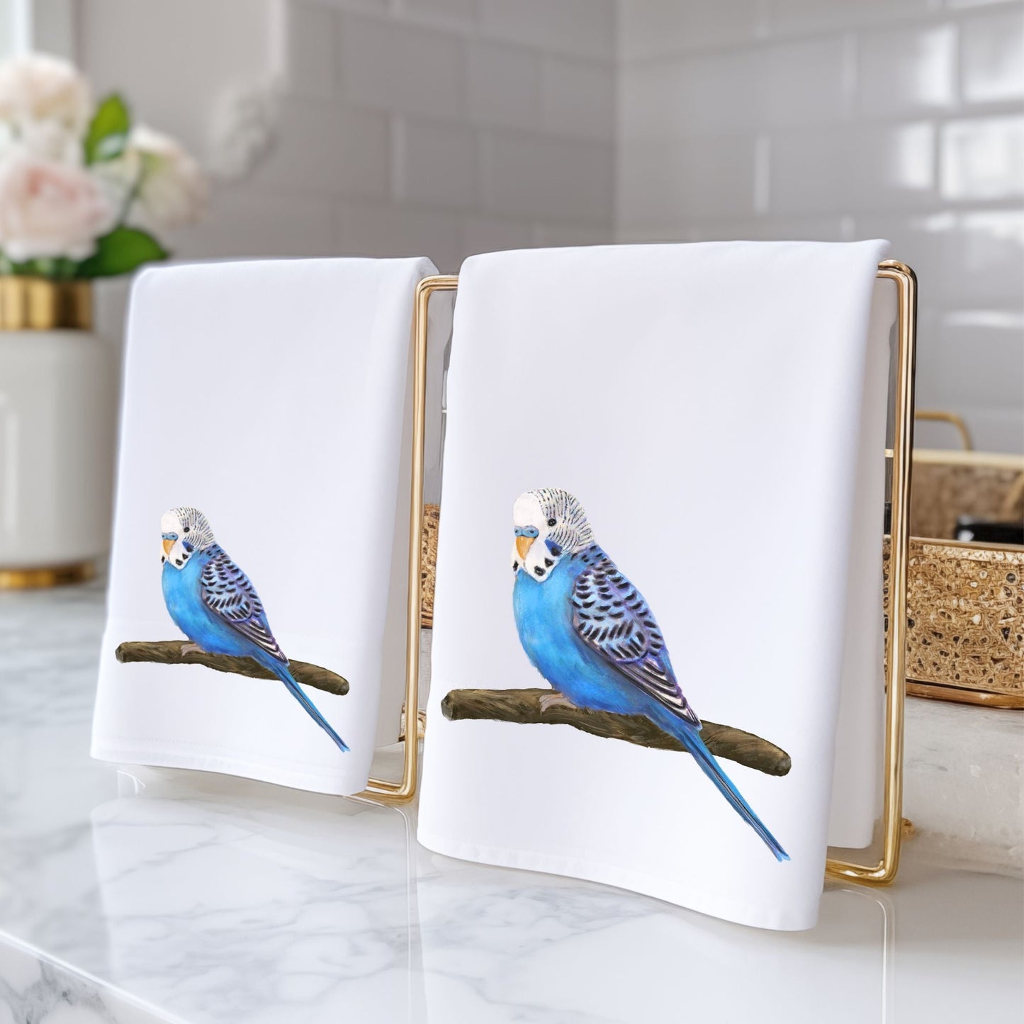 Blue Budgie Bathroom Towel - MerikaArt