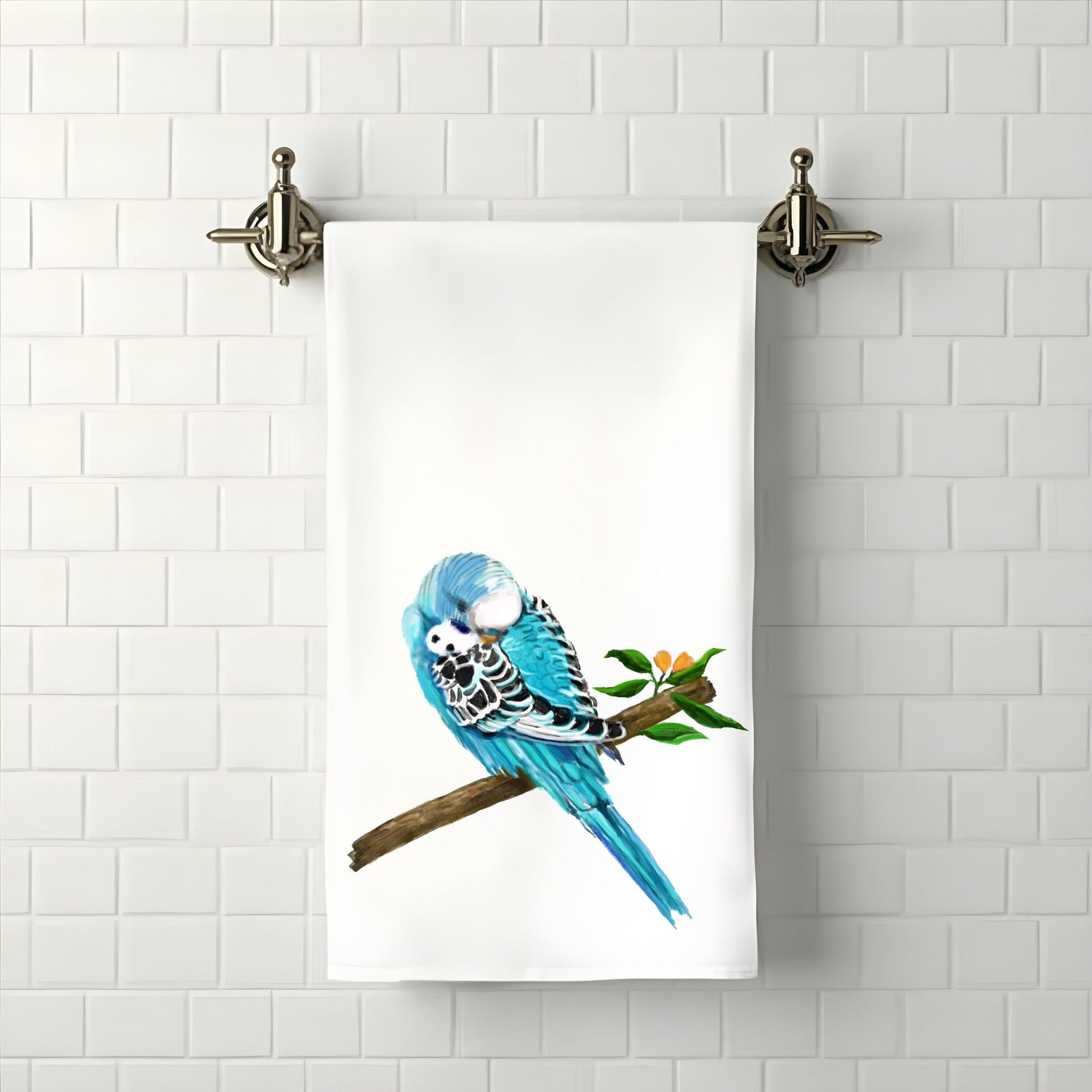 Blue Budgie Bathroom Towel - MerikaArt