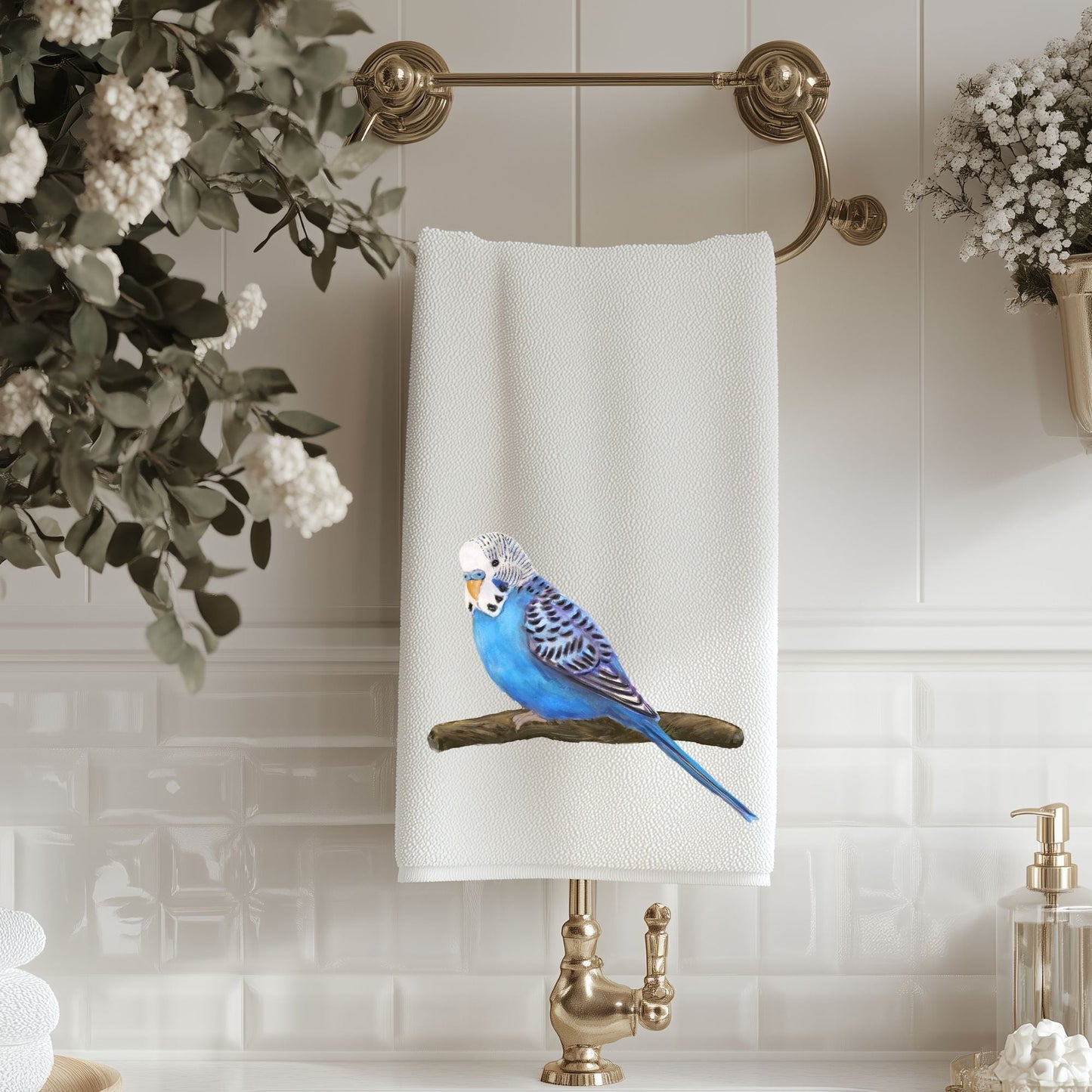 Blue Budgie Bathroom Towel - MerikaArt