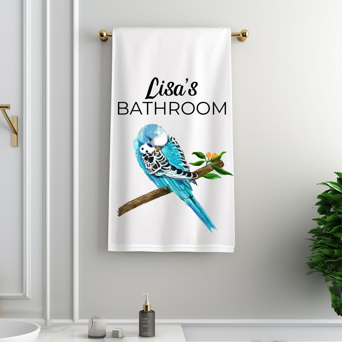 Blue Budgie Bathroom Towel - MerikaArt