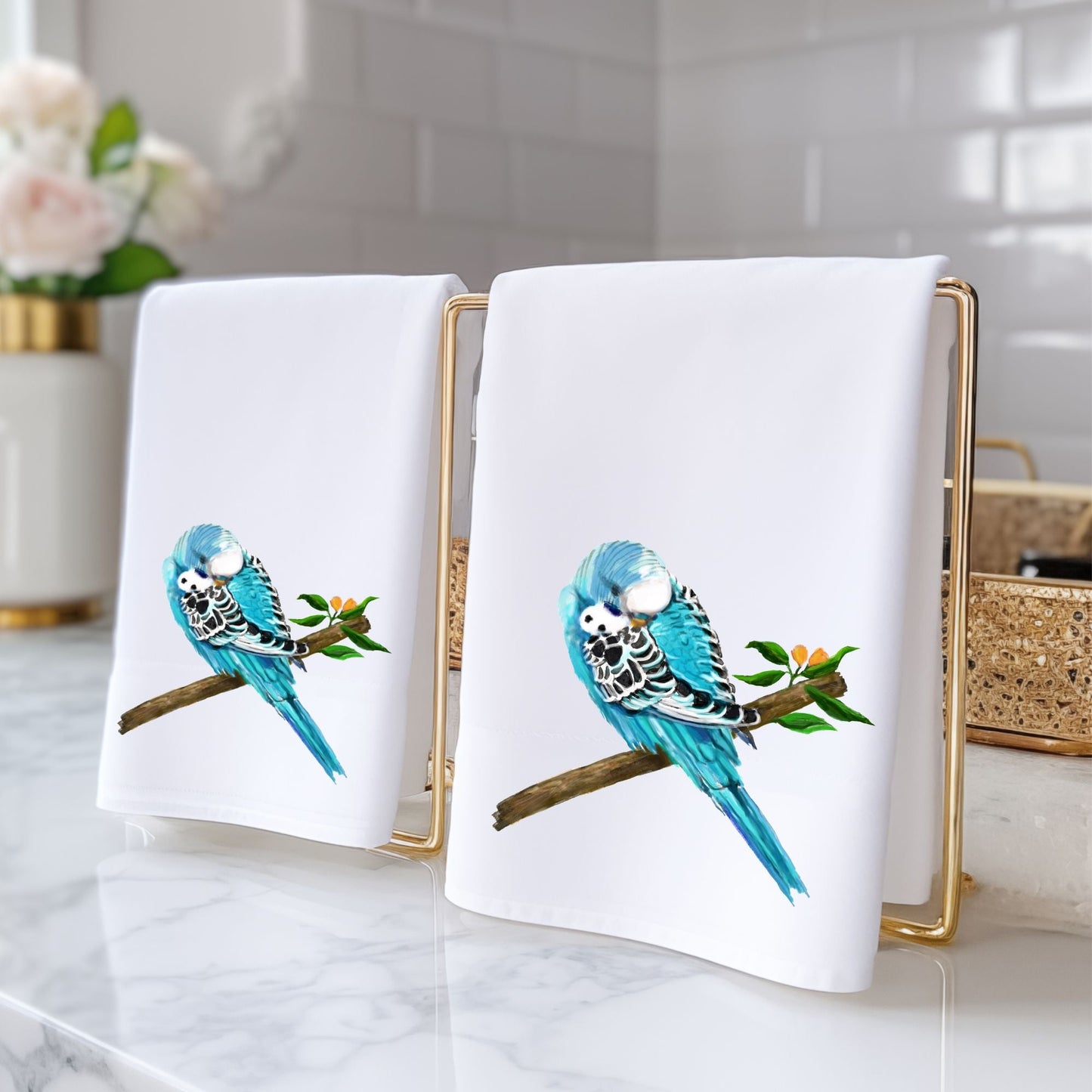 Blue Budgie Bathroom Towel - MerikaArt