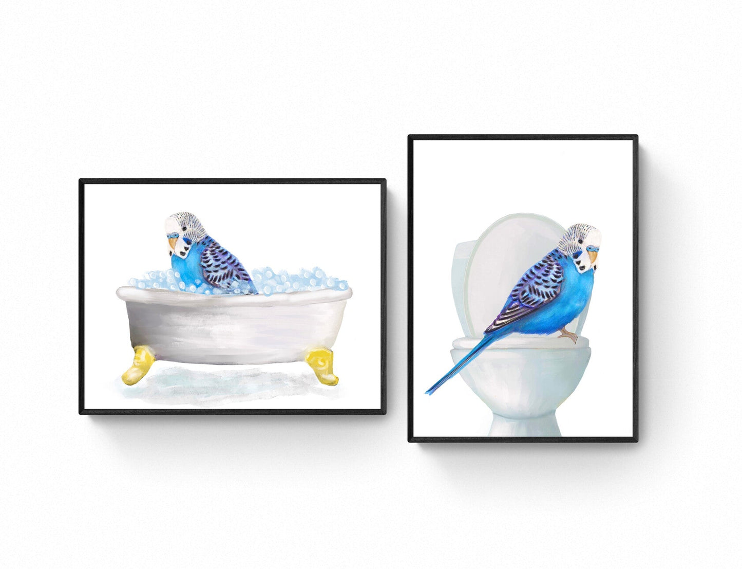 Blue Budgie Bathtub and Toilet Art Print Set of 2 – Humorous Bathroom Decor - MerikaArt