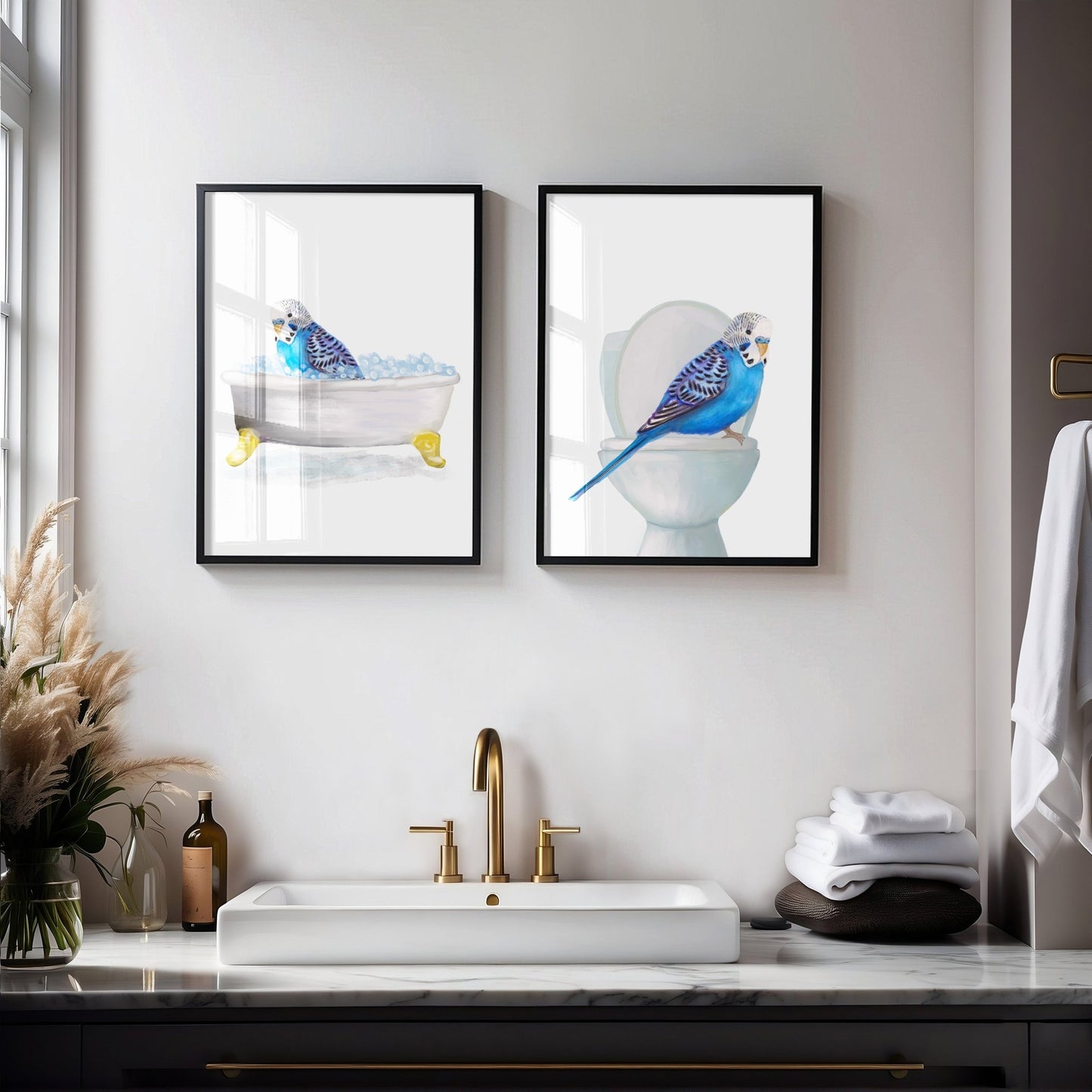 Blue Budgie Bathtub and Toilet Art Print Set of 2 – Humorous Bathroom Decor - MerikaArt