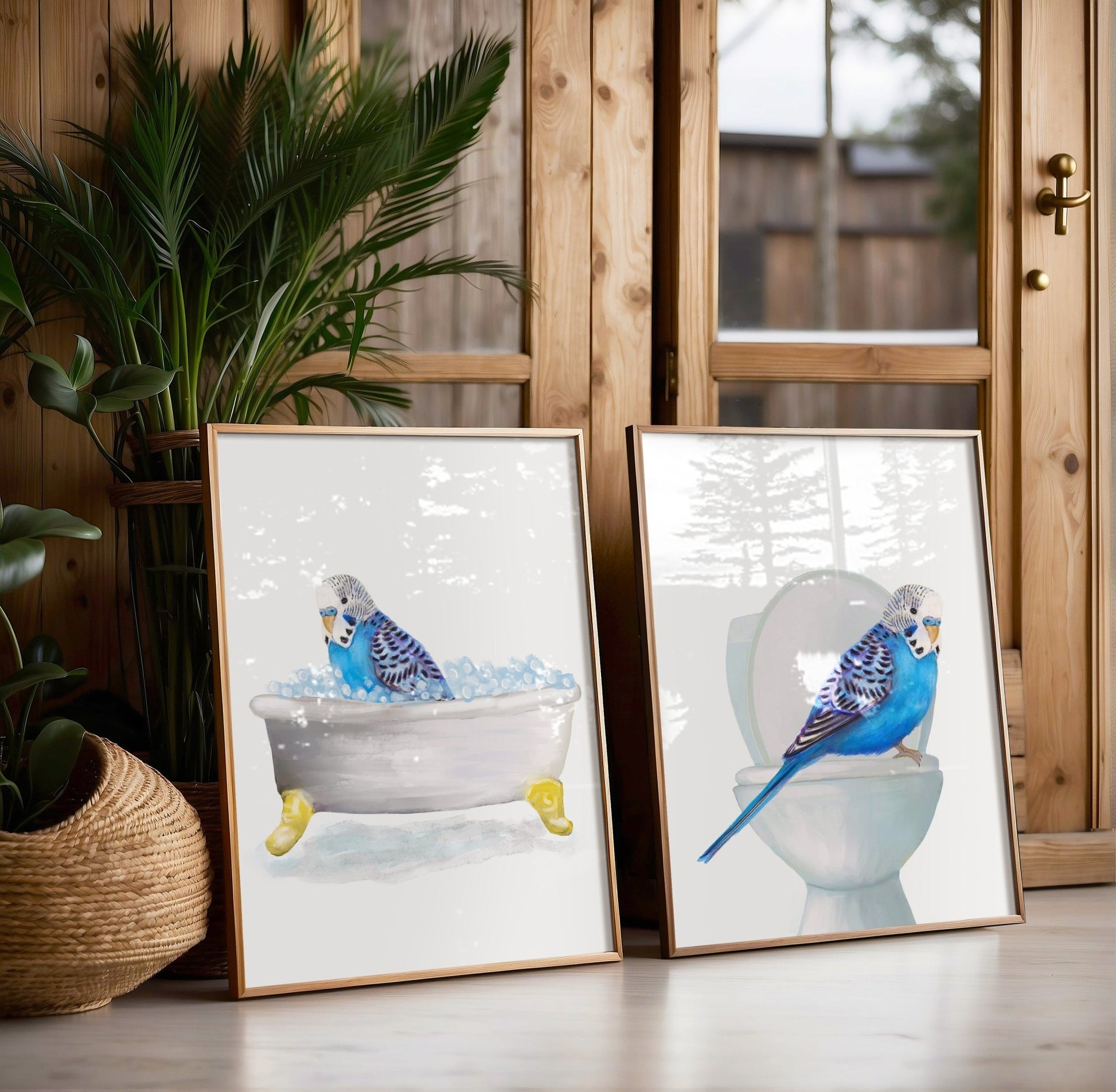 Blue Budgie Bathtub and Toilet Art Print Set of 2 – Humorous Bathroom Decor - MerikaArt