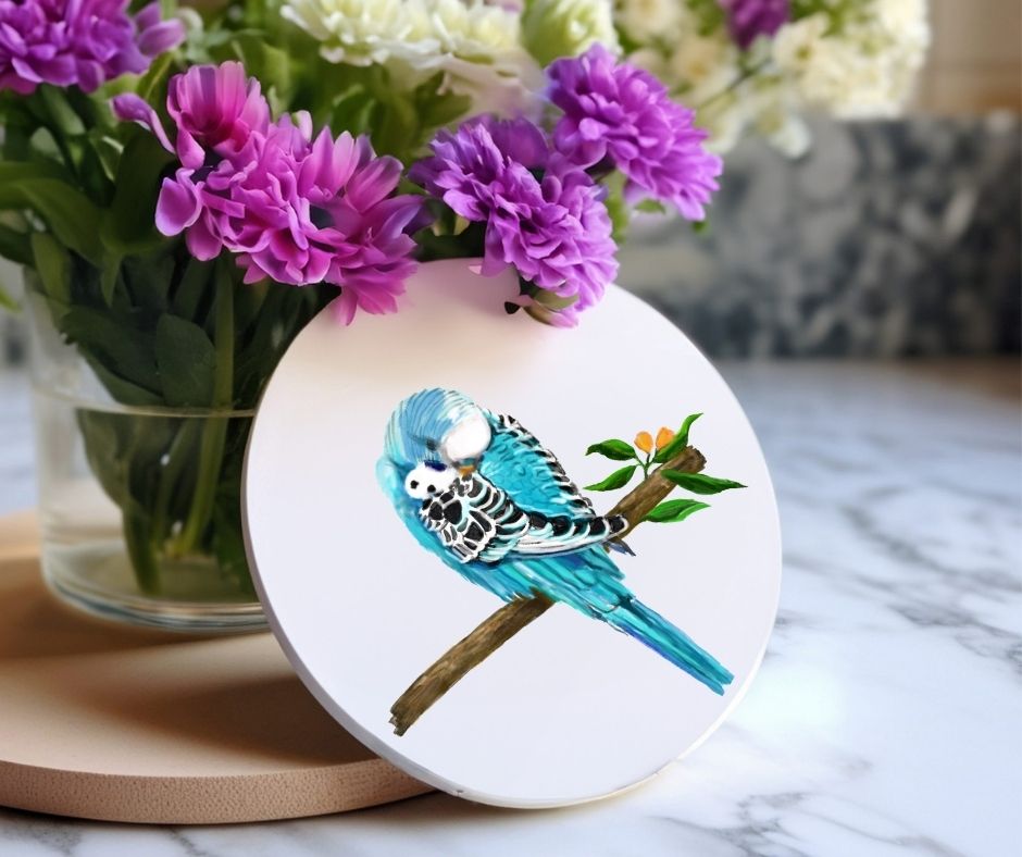 Blue Budgie Ceramic Coaster - MerikaArt