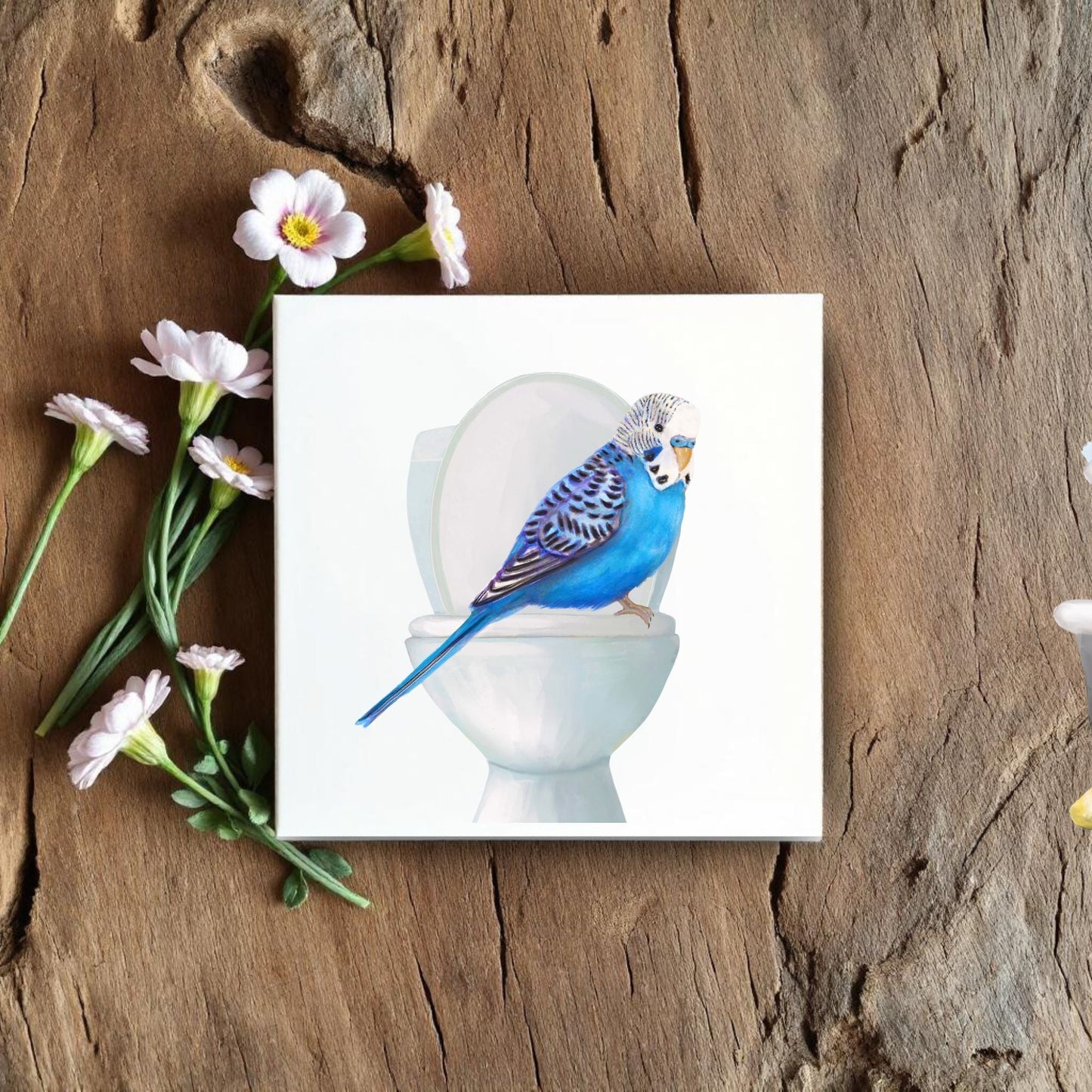 Blue Budgie Ceramic Tile – Handcrafted Whimsical Bird Art Decor - MerikaArt