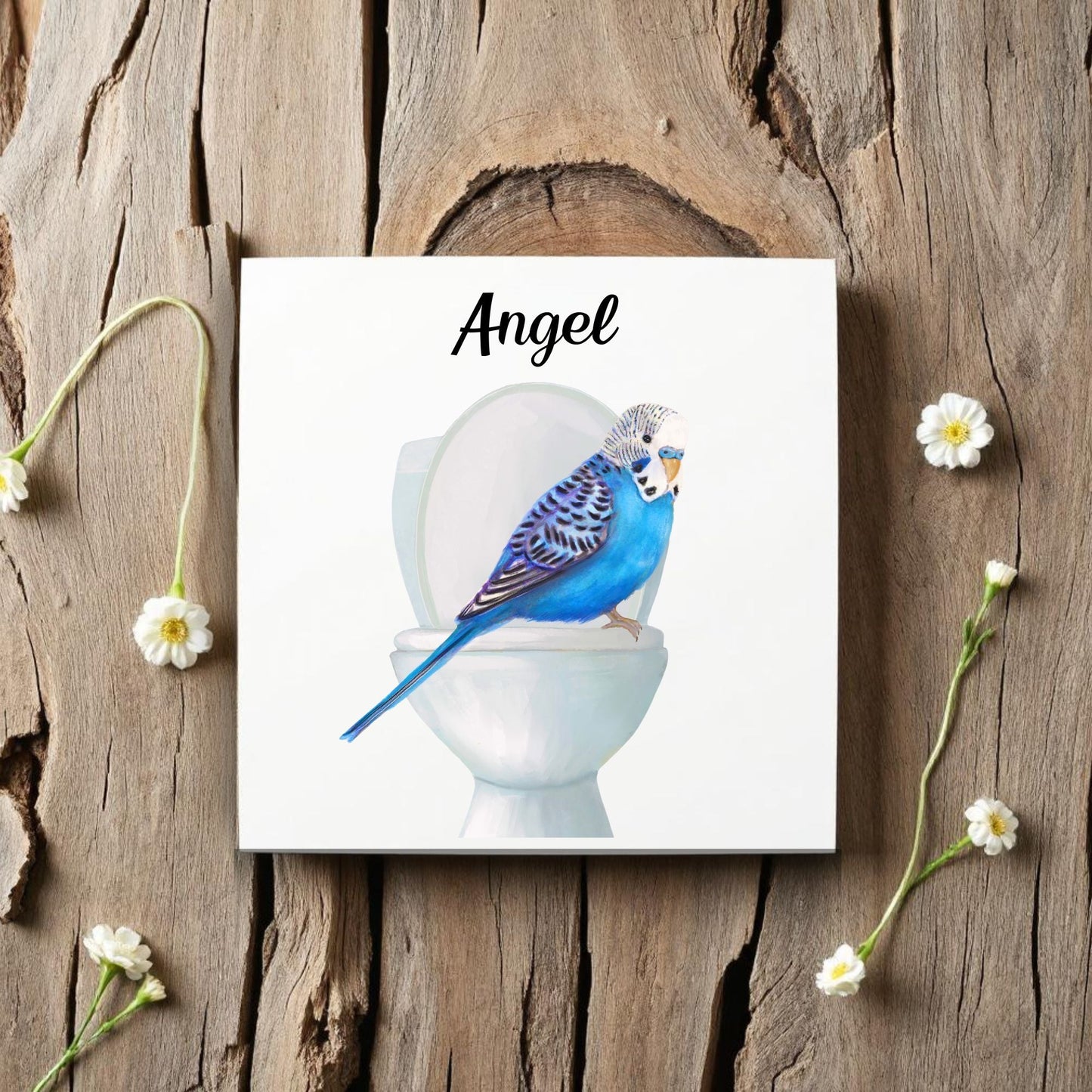 Blue Budgie Ceramic Tile – Handcrafted Whimsical Bird Art Decor - MerikaArt