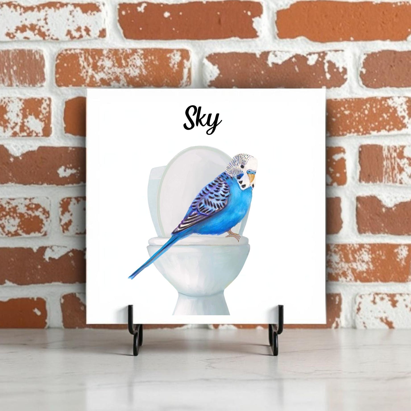 Blue Budgie Ceramic Tile – Handcrafted Whimsical Bird Art Decor - MerikaArt