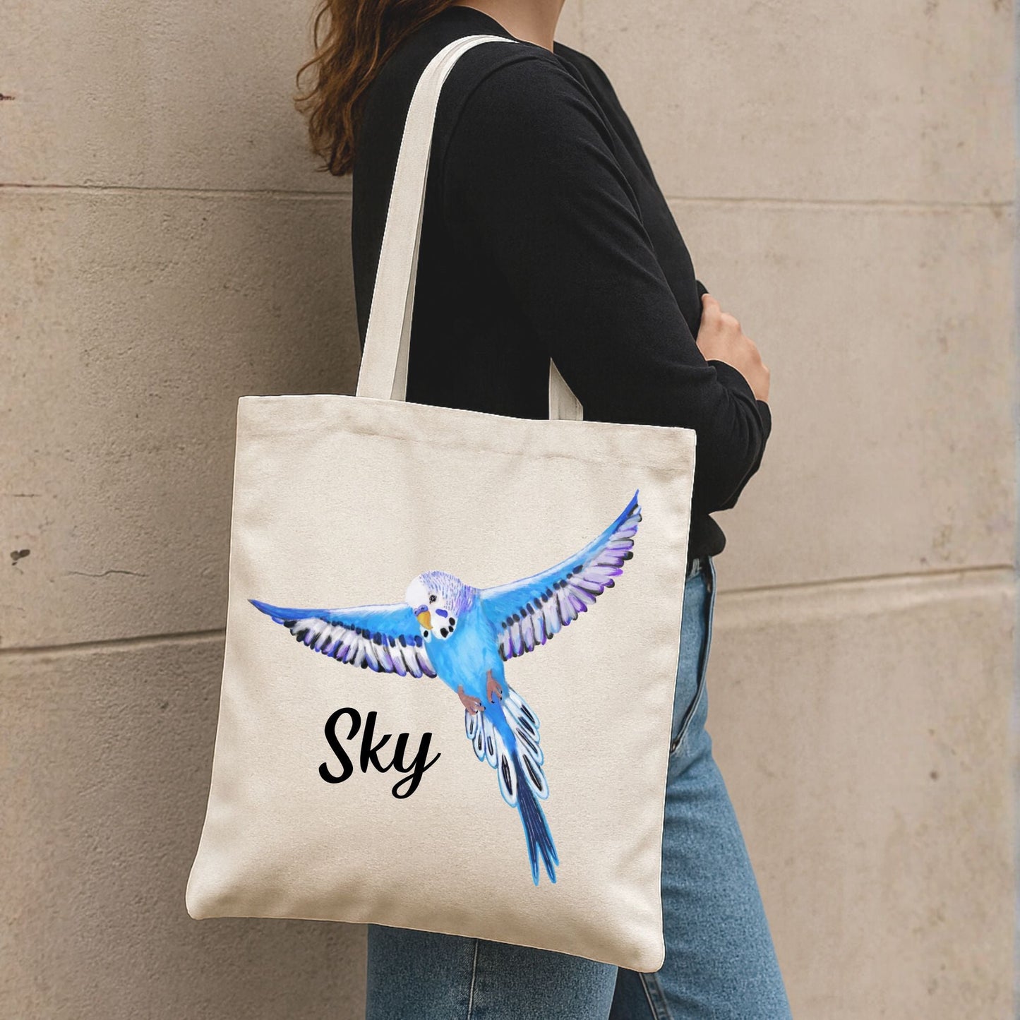 Blue Budgie Flying Canvas Tote Bag - MerikaArt