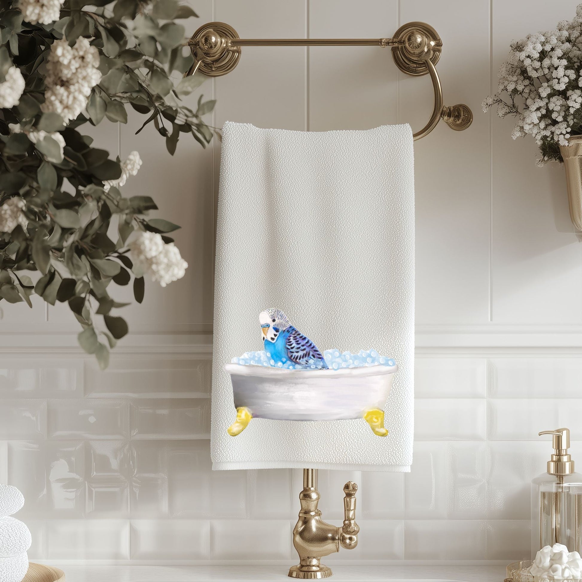 Blue Budgie in Bathtub Bathroom Towel - MerikaArt