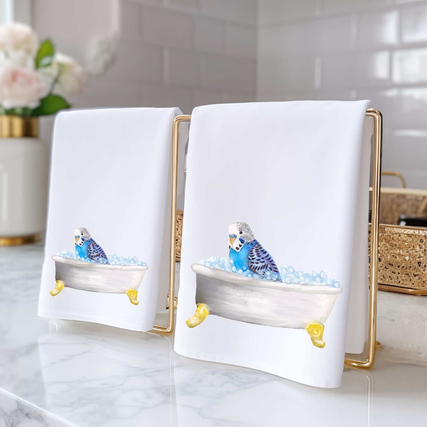 Blue Budgie in Bathtub Bathroom Towel - MerikaArt