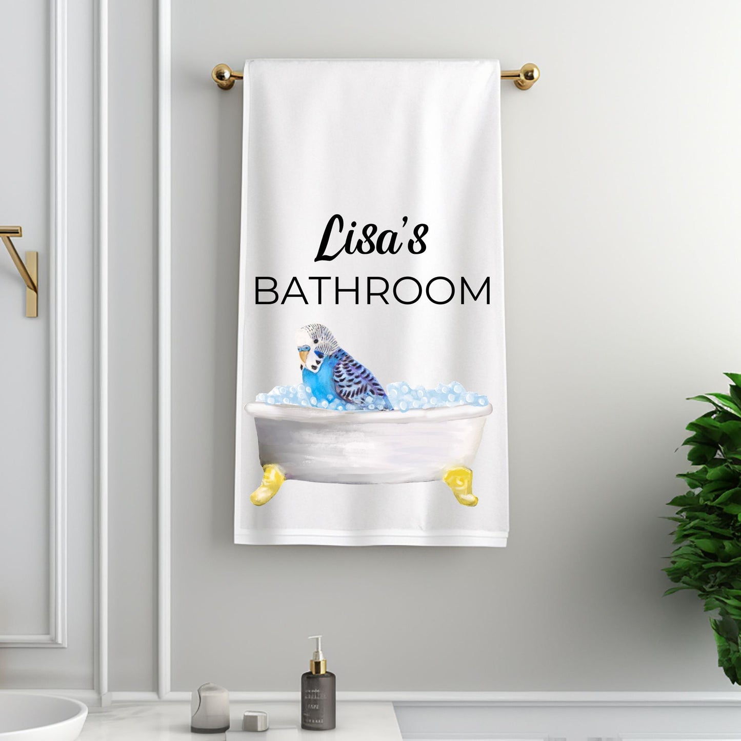 Blue Budgie in Bathtub Bathroom Towel - MerikaArt
