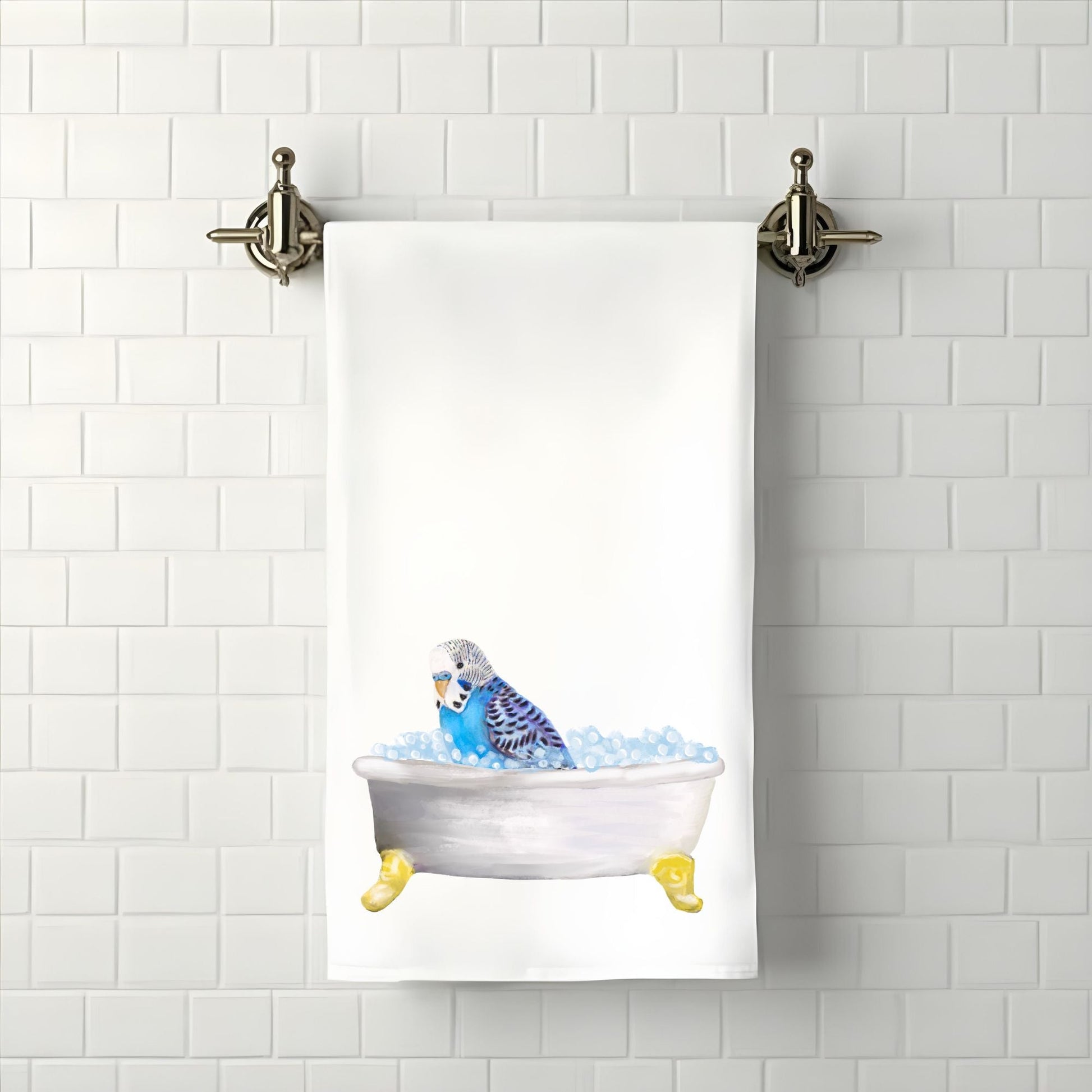 Blue Budgie in Bathtub Bathroom Towel - MerikaArt