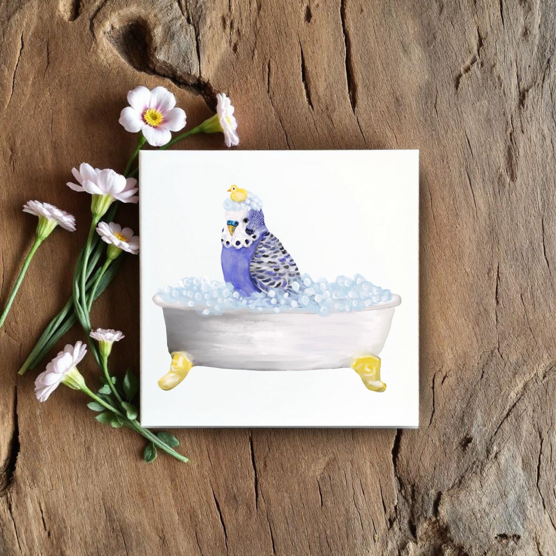 Blue Budgie in Bubble Bath Ceramic Tile – Handcrafted Bird Lover Decor - MerikaArt