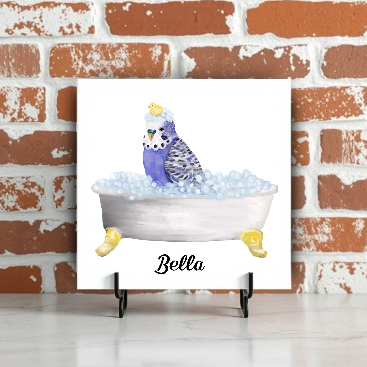 Blue Budgie in Bubble Bath Ceramic Tile – Handcrafted Bird Lover Decor - MerikaArt