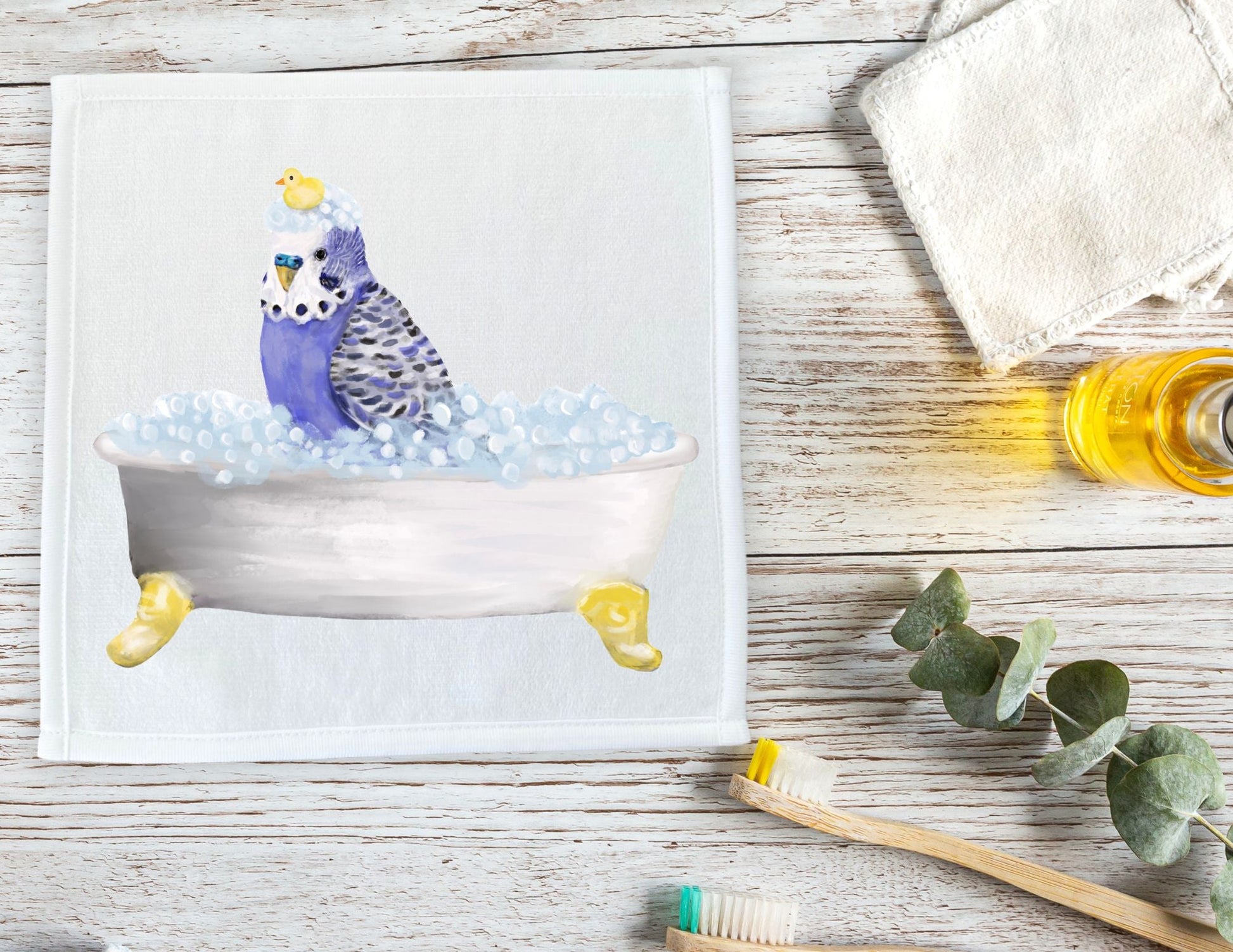 Blue Budgie in Bubble Bath Washcloth – A Whimsical Bird Lover's Gift - MerikaArt