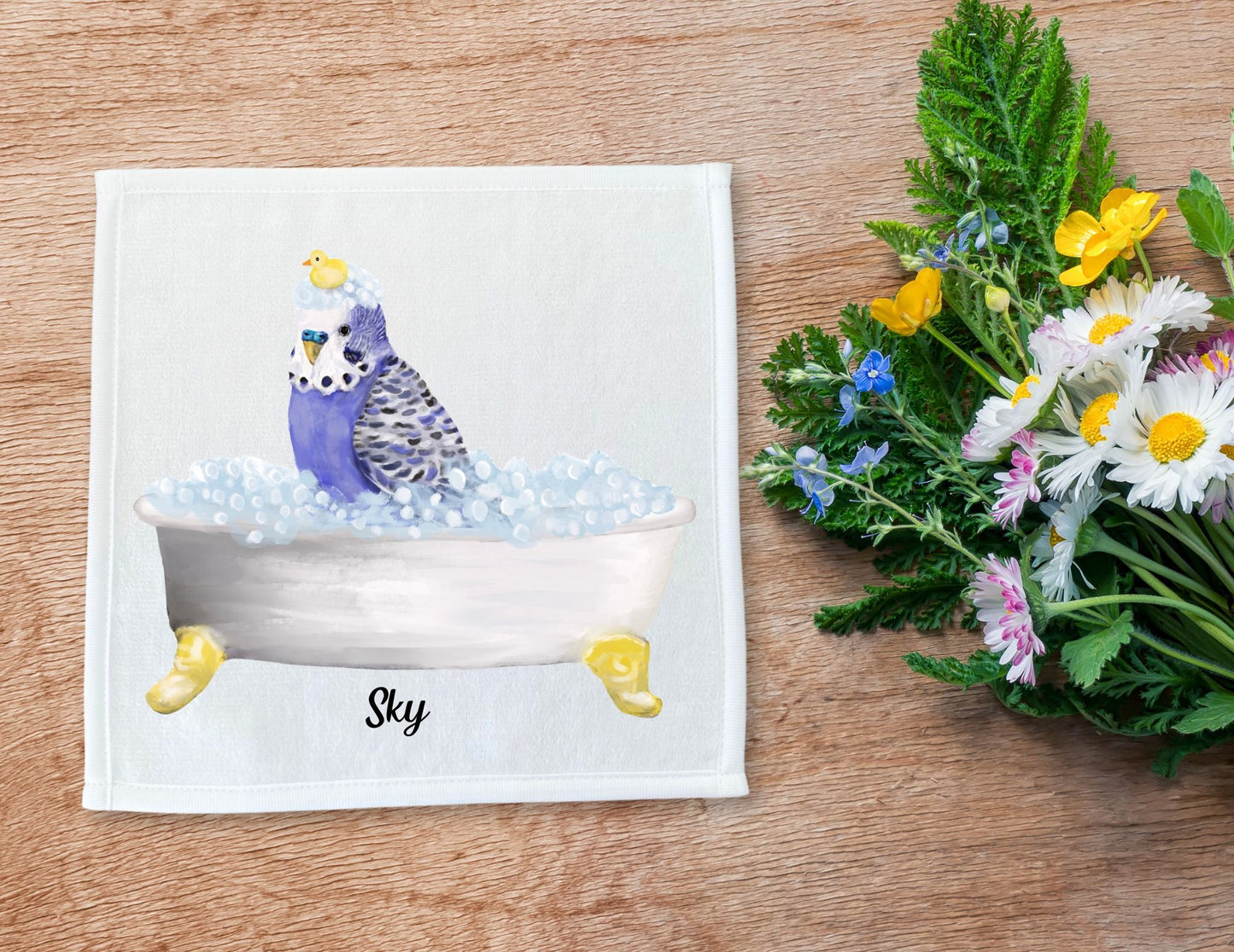 Blue Budgie in Bubble Bath Washcloth – A Whimsical Bird Lover's Gift - MerikaArt