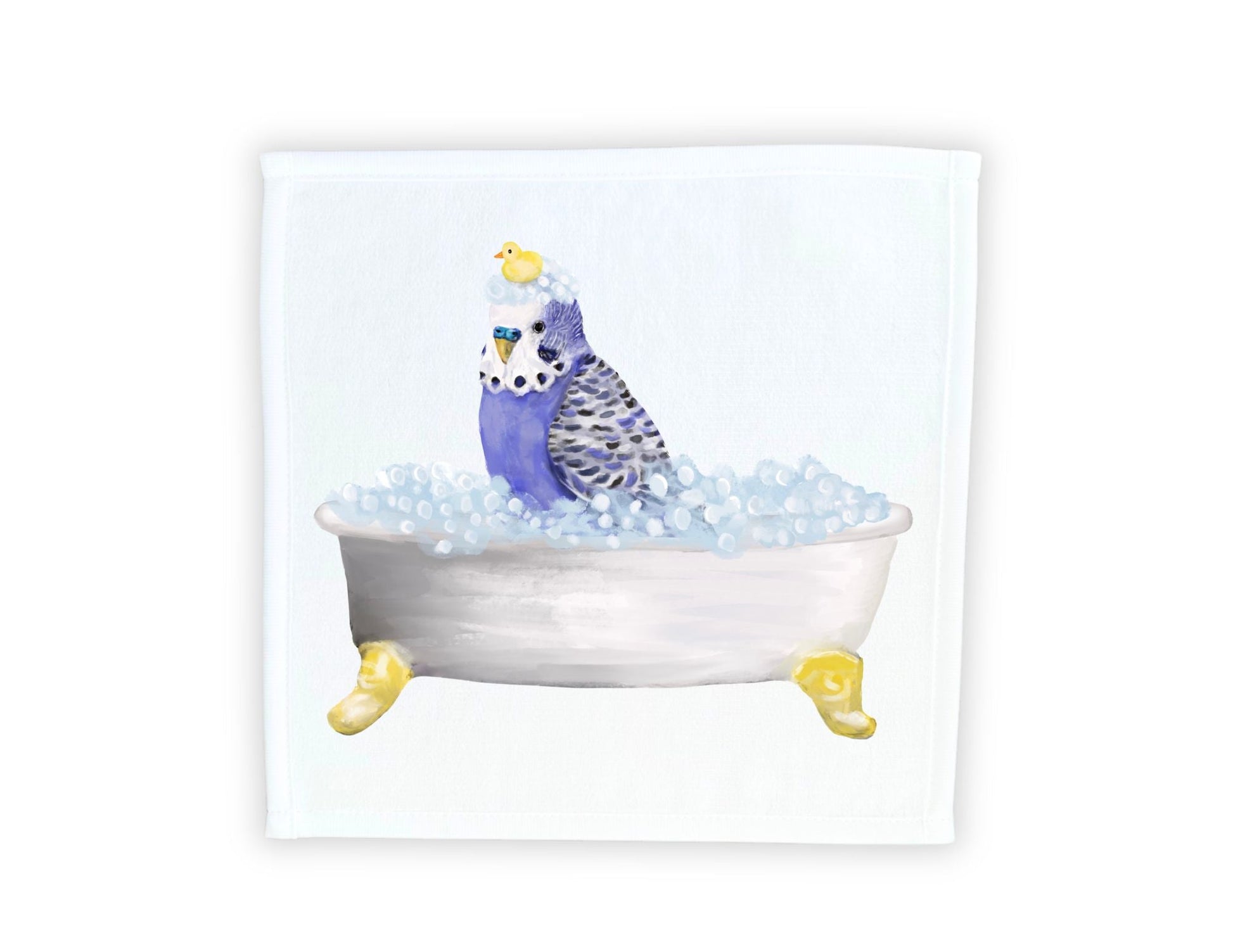 Blue Budgie in Bubble Bath Washcloth – A Whimsical Bird Lover's Gift - MerikaArt