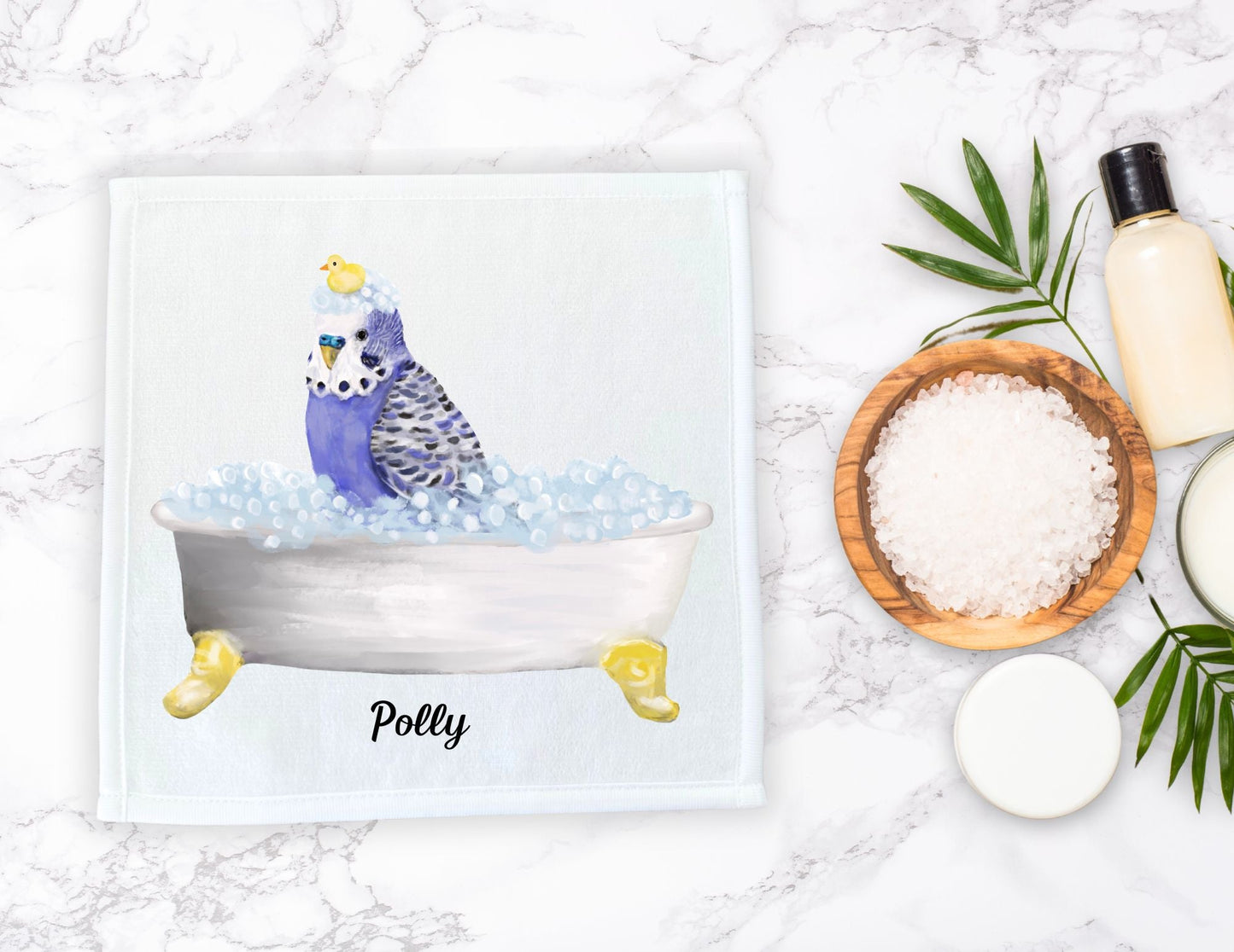 Blue Budgie in Bubble Bath Washcloth – A Whimsical Bird Lover's Gift - MerikaArt