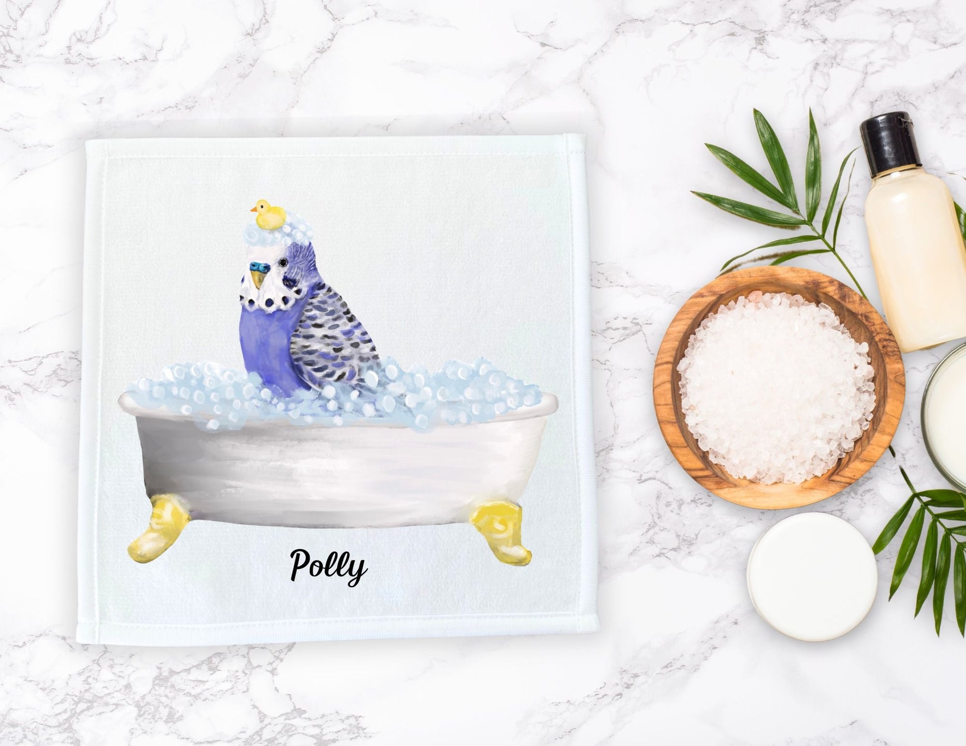 Blue Budgie in Bubble Bath Washcloth – A Whimsical Bird Lover's Gift - MerikaArt