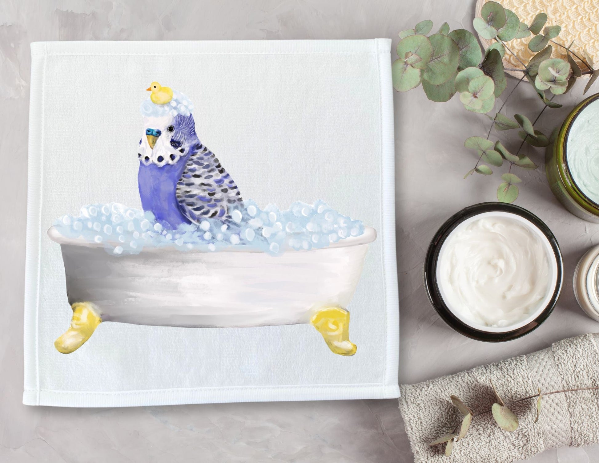 Blue Budgie in Bubble Bath Washcloth – A Whimsical Bird Lover's Gift - MerikaArt