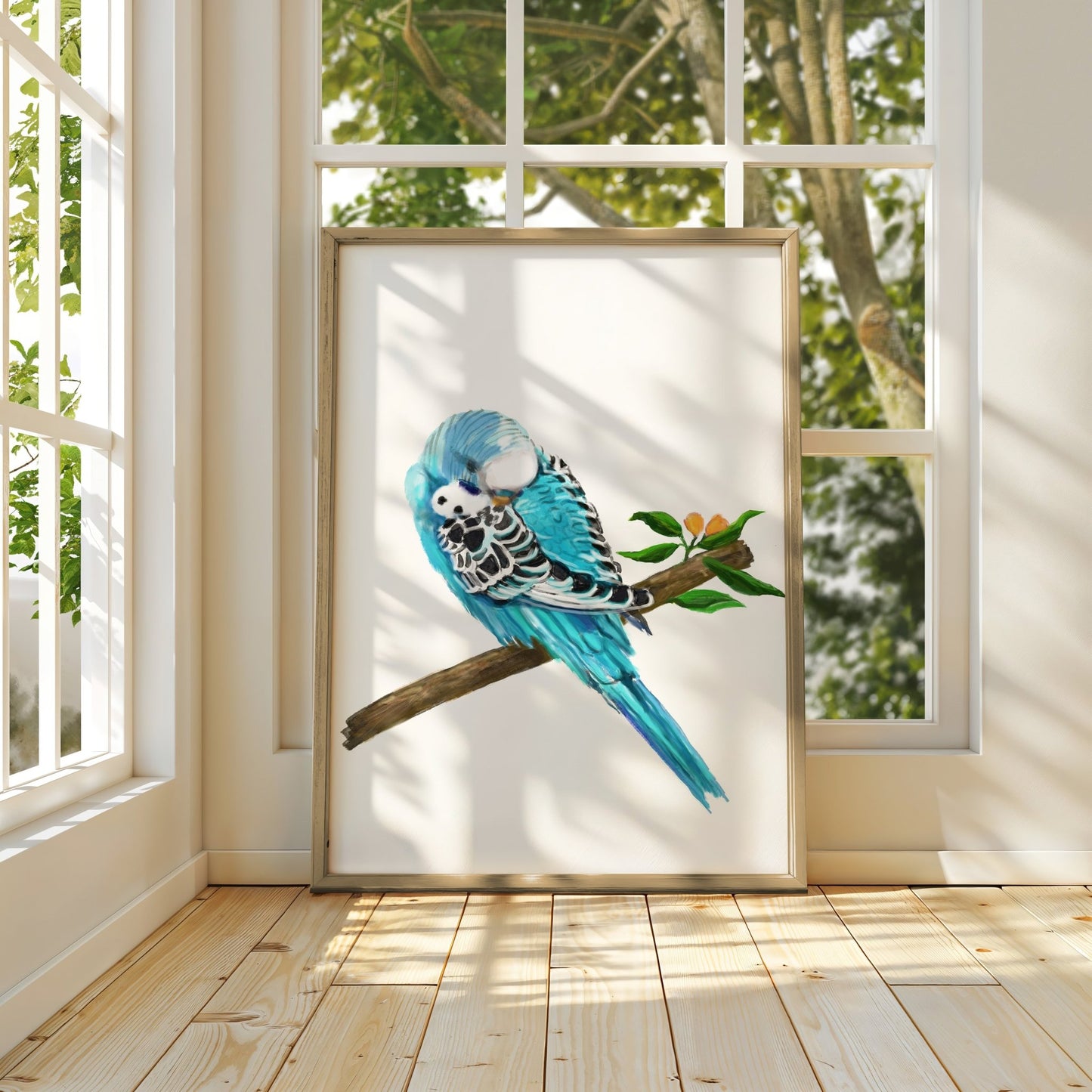 Blue Budgie on Branch Art Print - MerikaArt