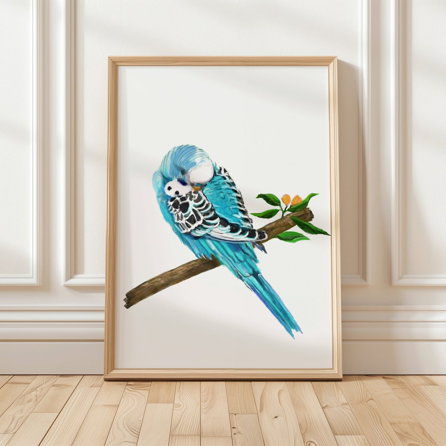 Blue Budgie on Branch Art Print - MerikaArt