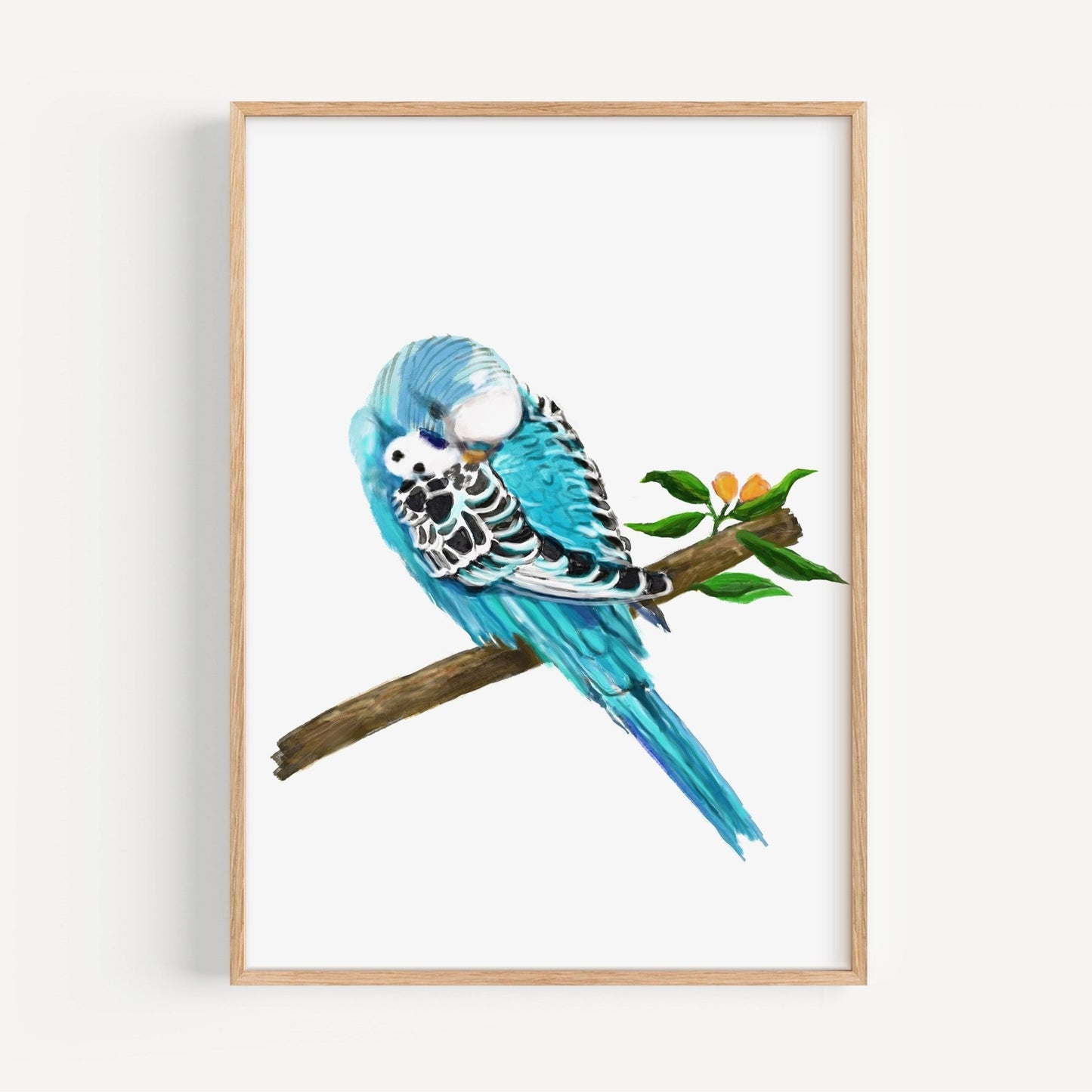 Blue Budgie on Branch Art Print - MerikaArt