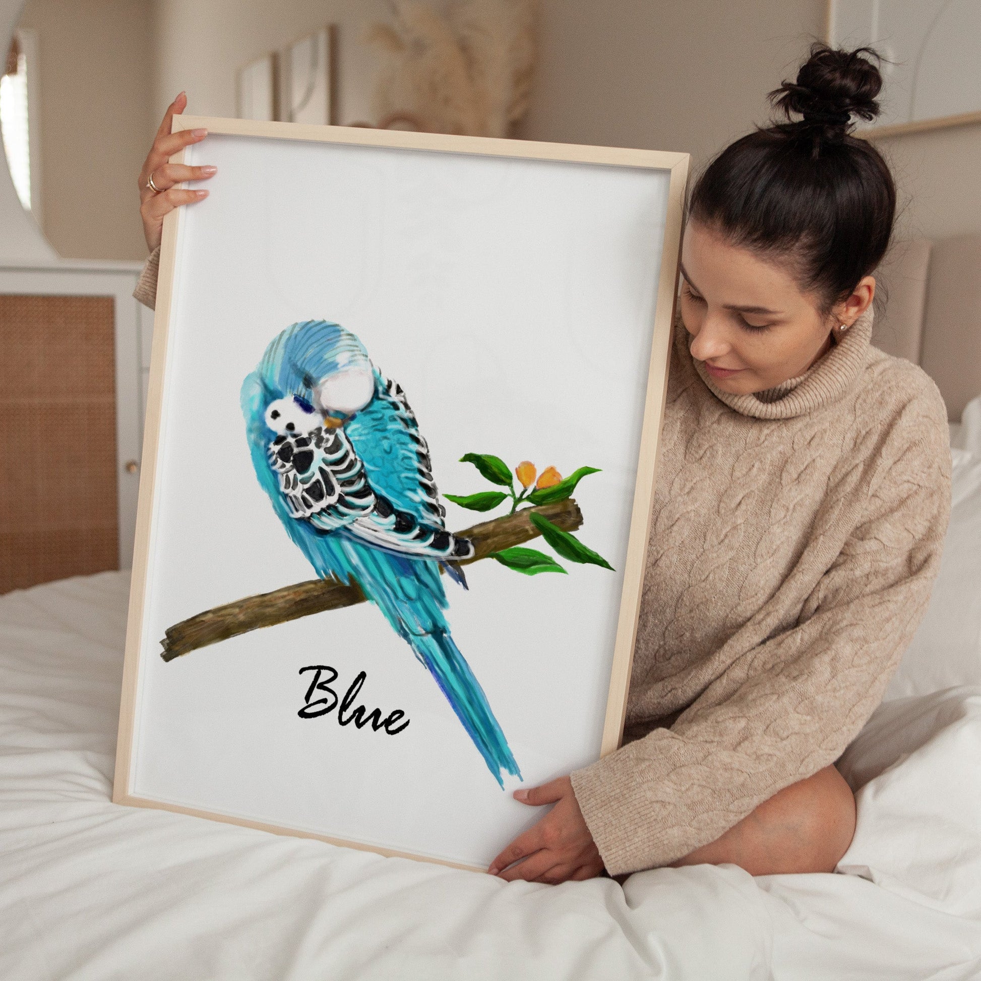 Blue Budgie on Branch Art Print - MerikaArt