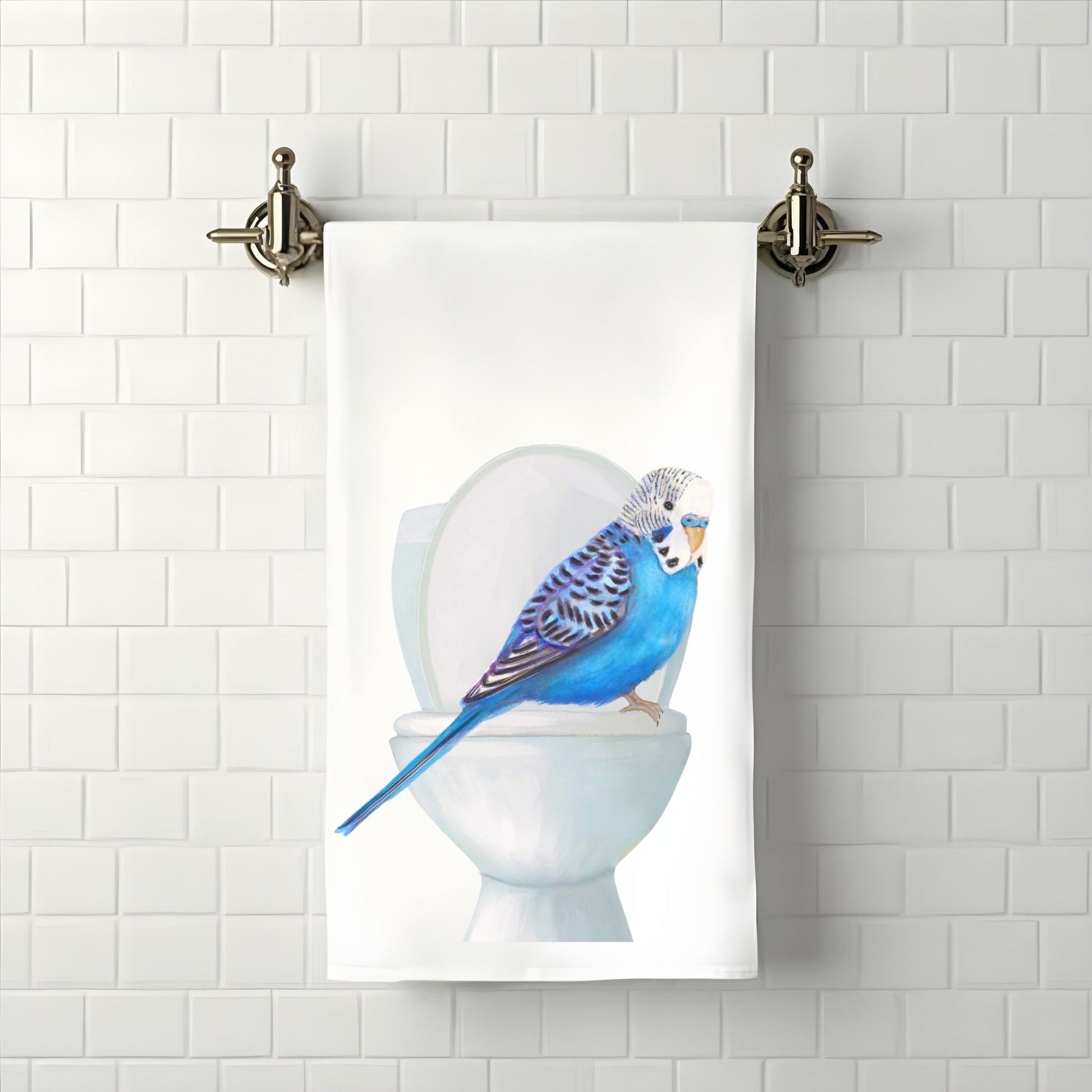 Blue Budgie on Toilet Bathroom Towel - MerikaArt