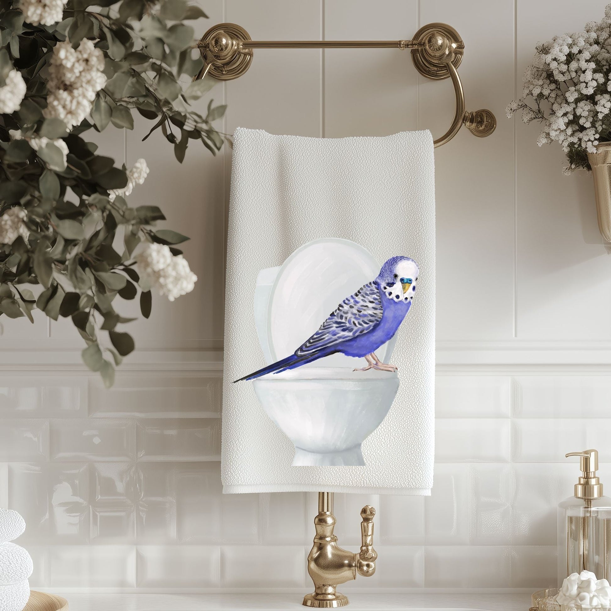 Blue Budgie on Toilet Bathroom Towel - MerikaArt