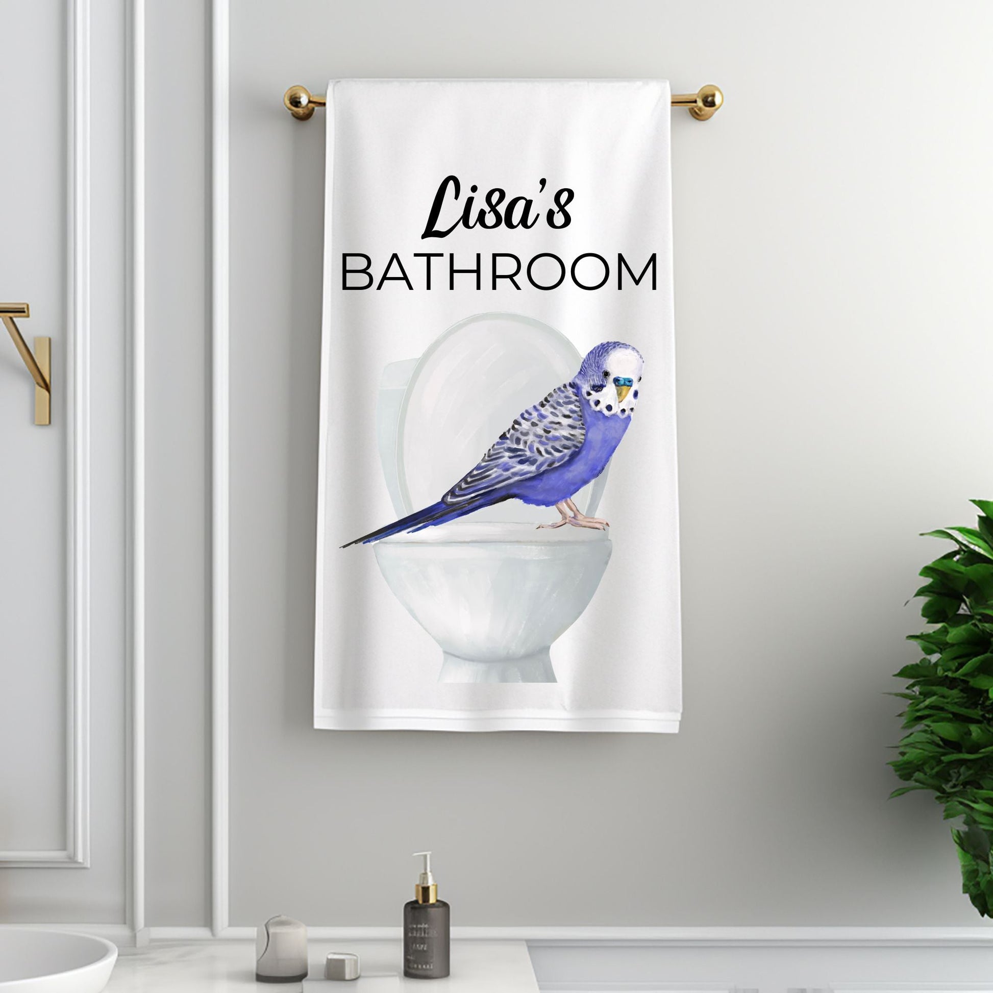 Blue Budgie on Toilet Bathroom Towel - MerikaArt