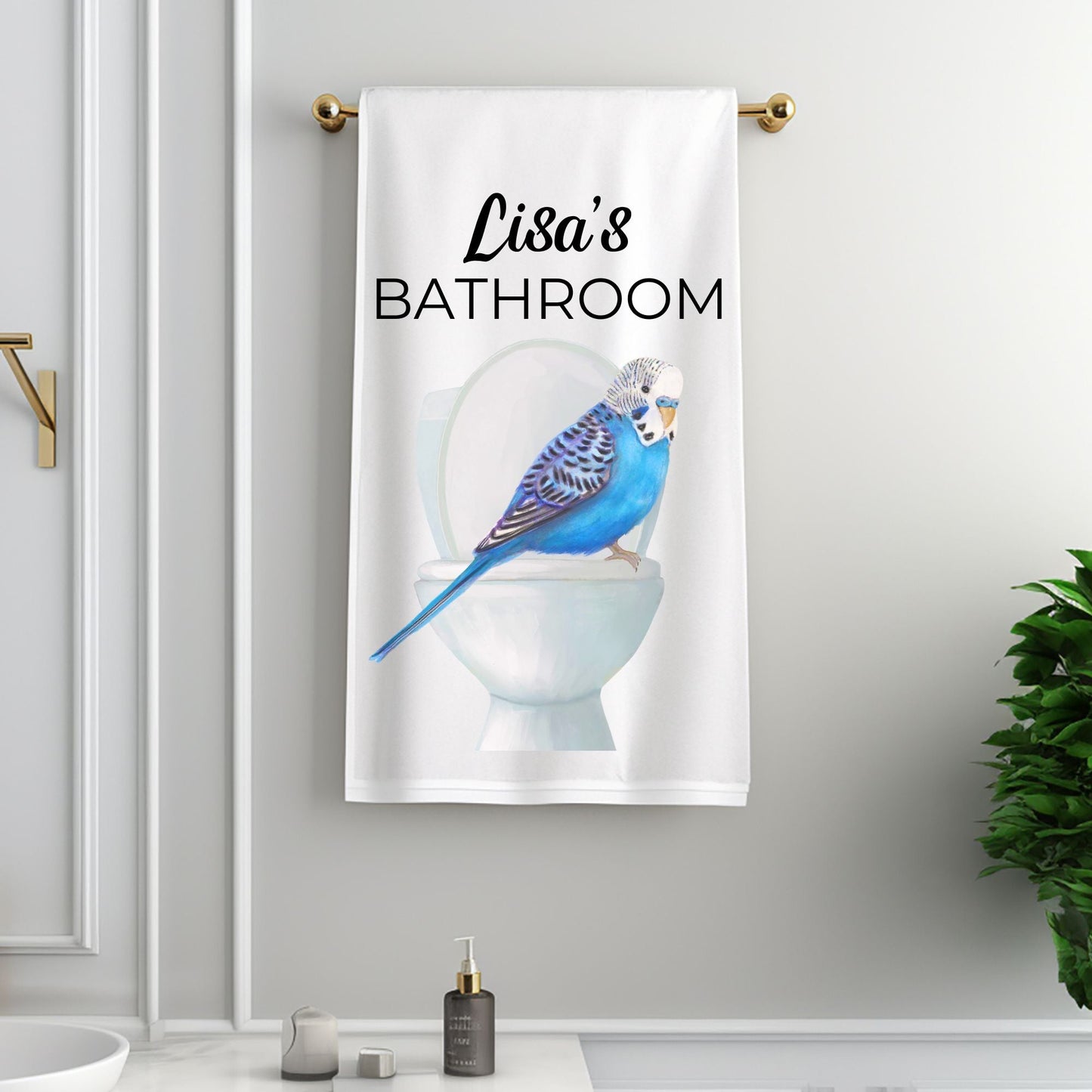 Blue Budgie on Toilet Bathroom Towel - MerikaArt