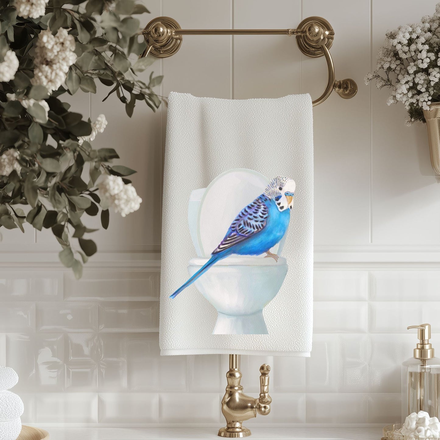 Blue Budgie on Toilet Bathroom Towel - MerikaArt