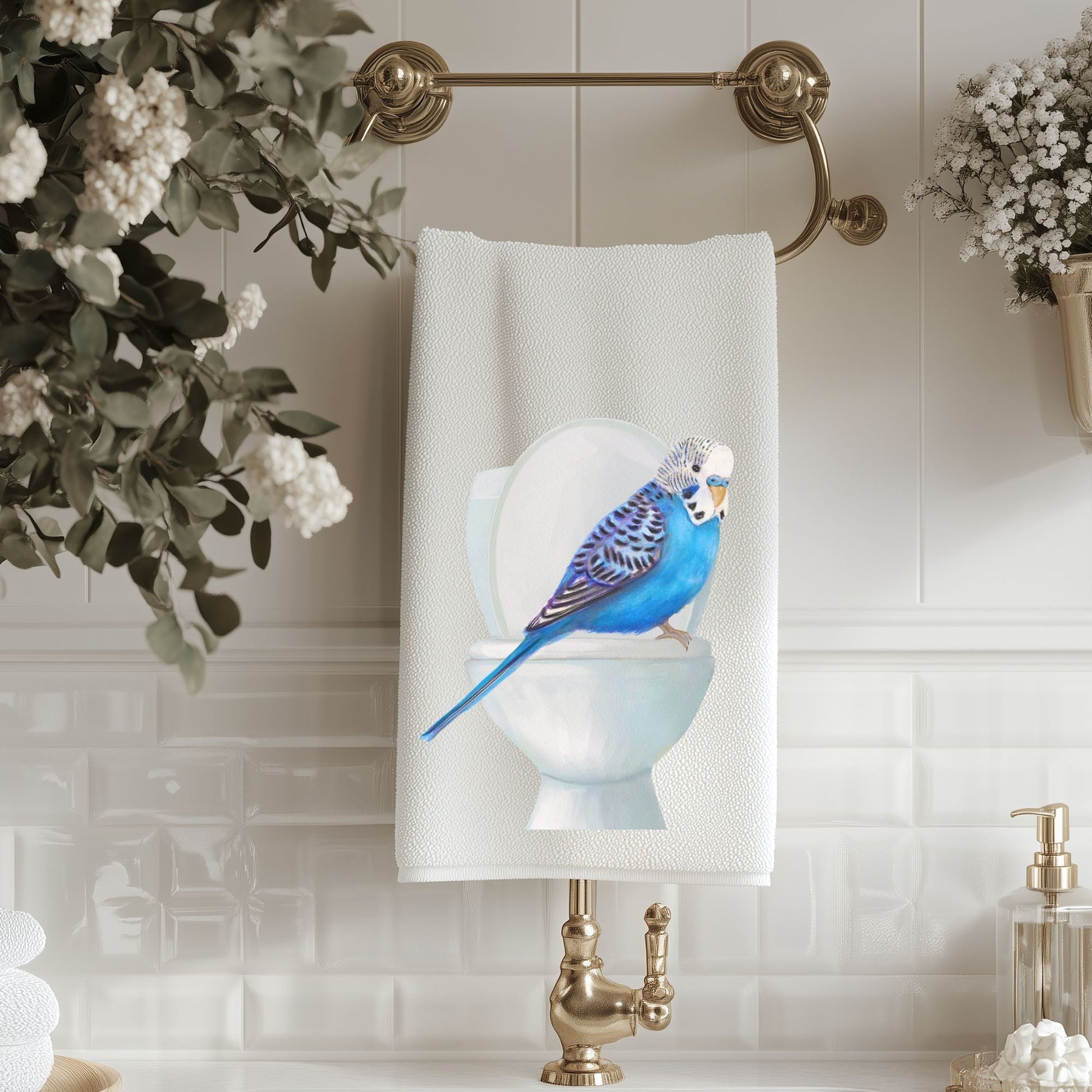 Blue Budgie on Toilet Bathroom Towel - MerikaArt