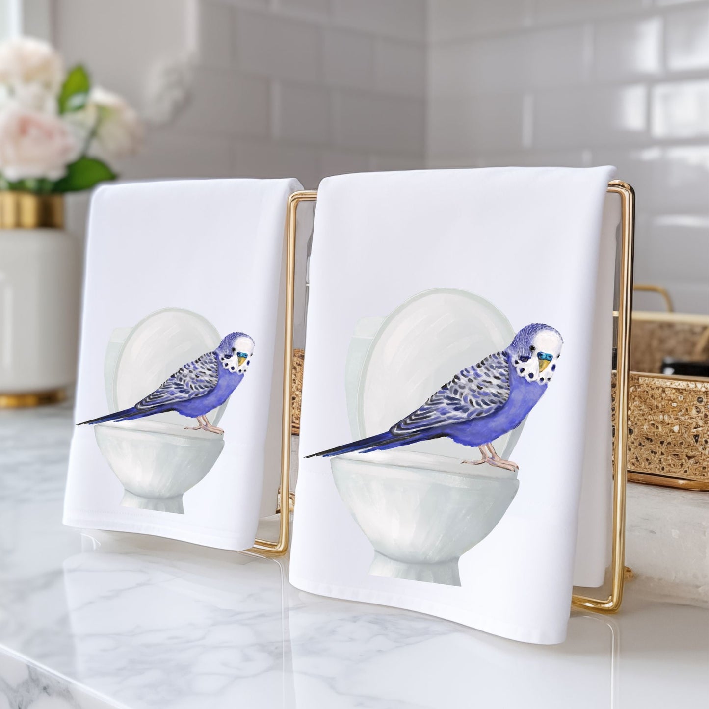 Blue Budgie on Toilet Bathroom Towel - MerikaArt