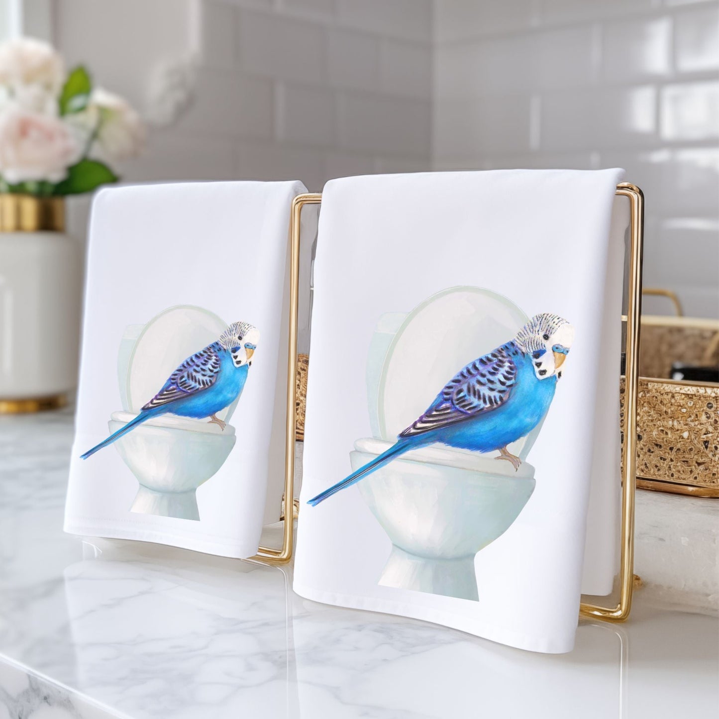 Blue Budgie on Toilet Bathroom Towel - MerikaArt