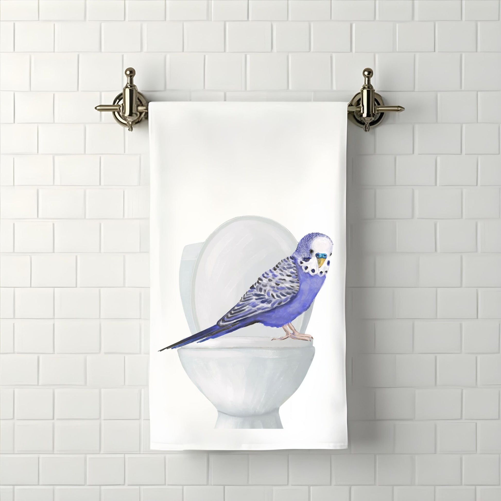 Blue Budgie on Toilet Bathroom Towel - MerikaArt
