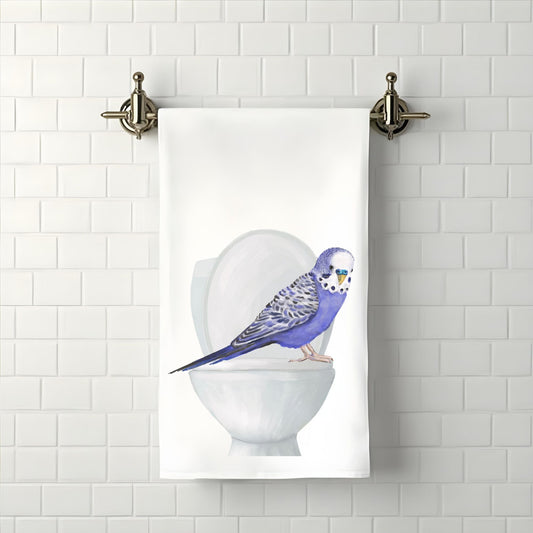 Blue Budgie on Toilet Bathroom Towel - MerikaArt