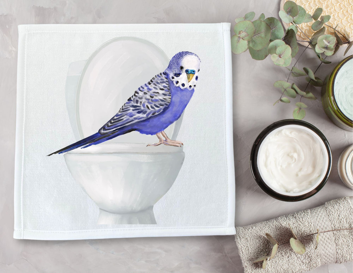 Blue Budgie on Toilet Washcloth – Fun Gift for Bird Lovers - MerikaArt