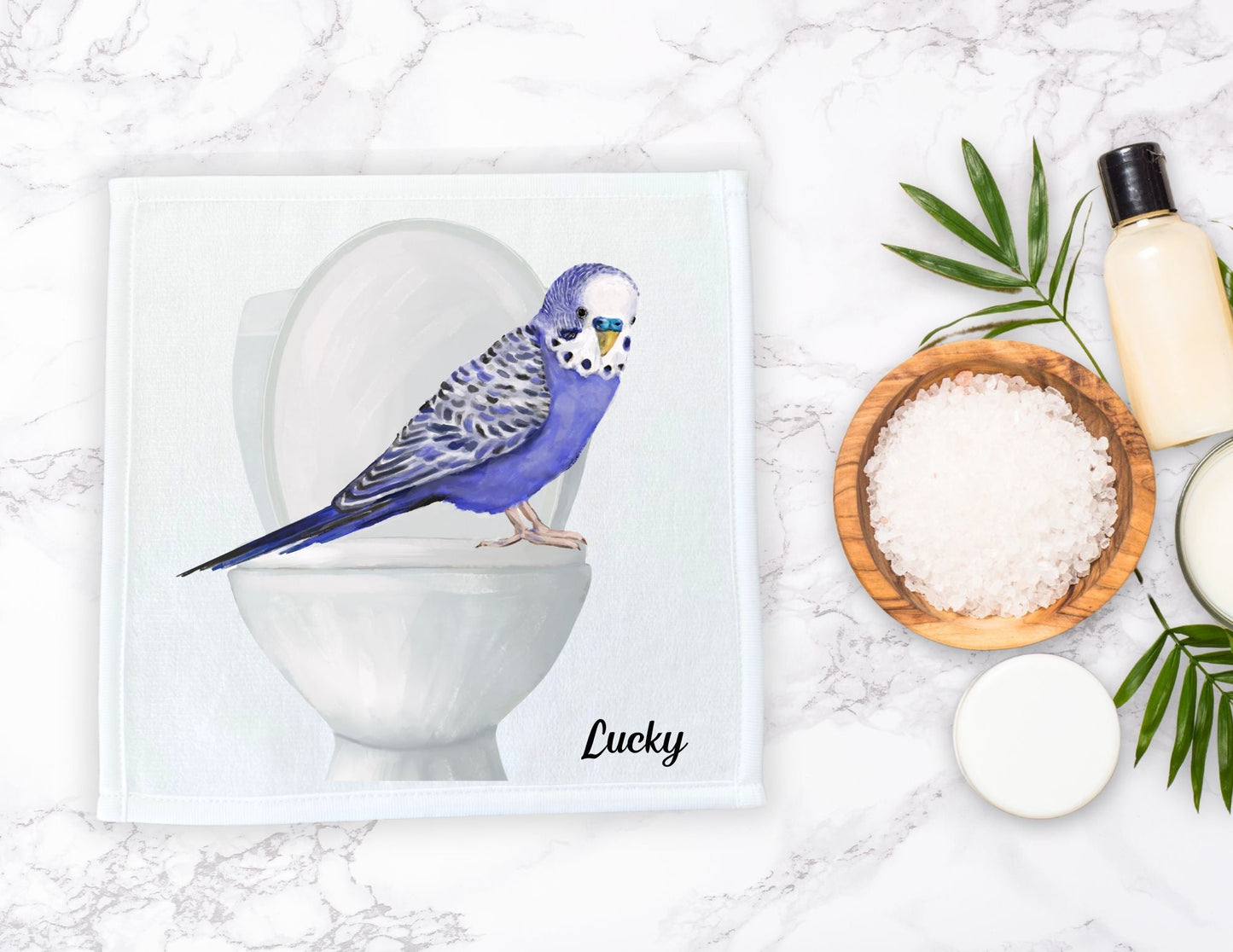 Blue Budgie on Toilet Washcloth – Fun Gift for Bird Lovers - MerikaArt