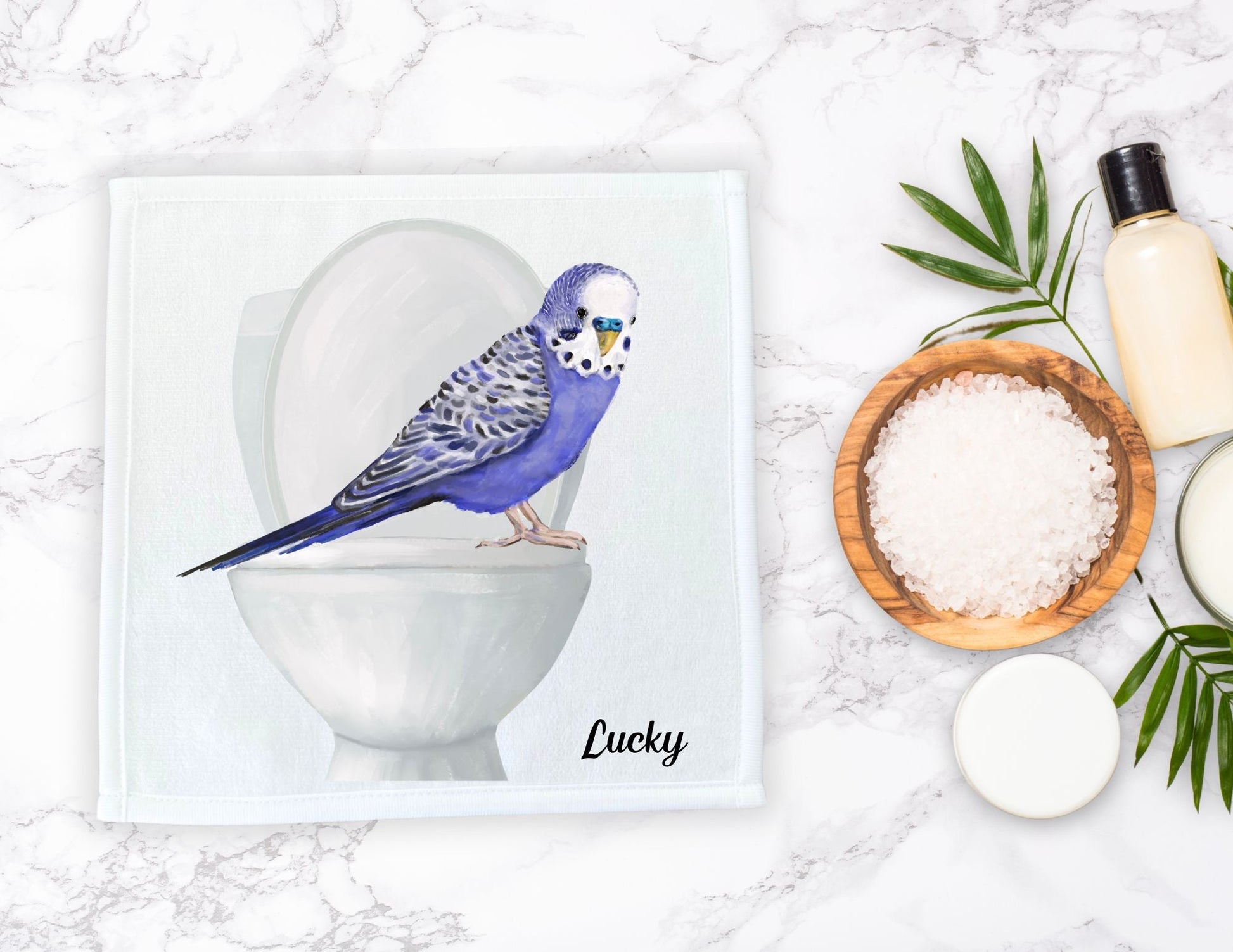 Blue Budgie on Toilet Washcloth – Fun Gift for Bird Lovers - MerikaArt